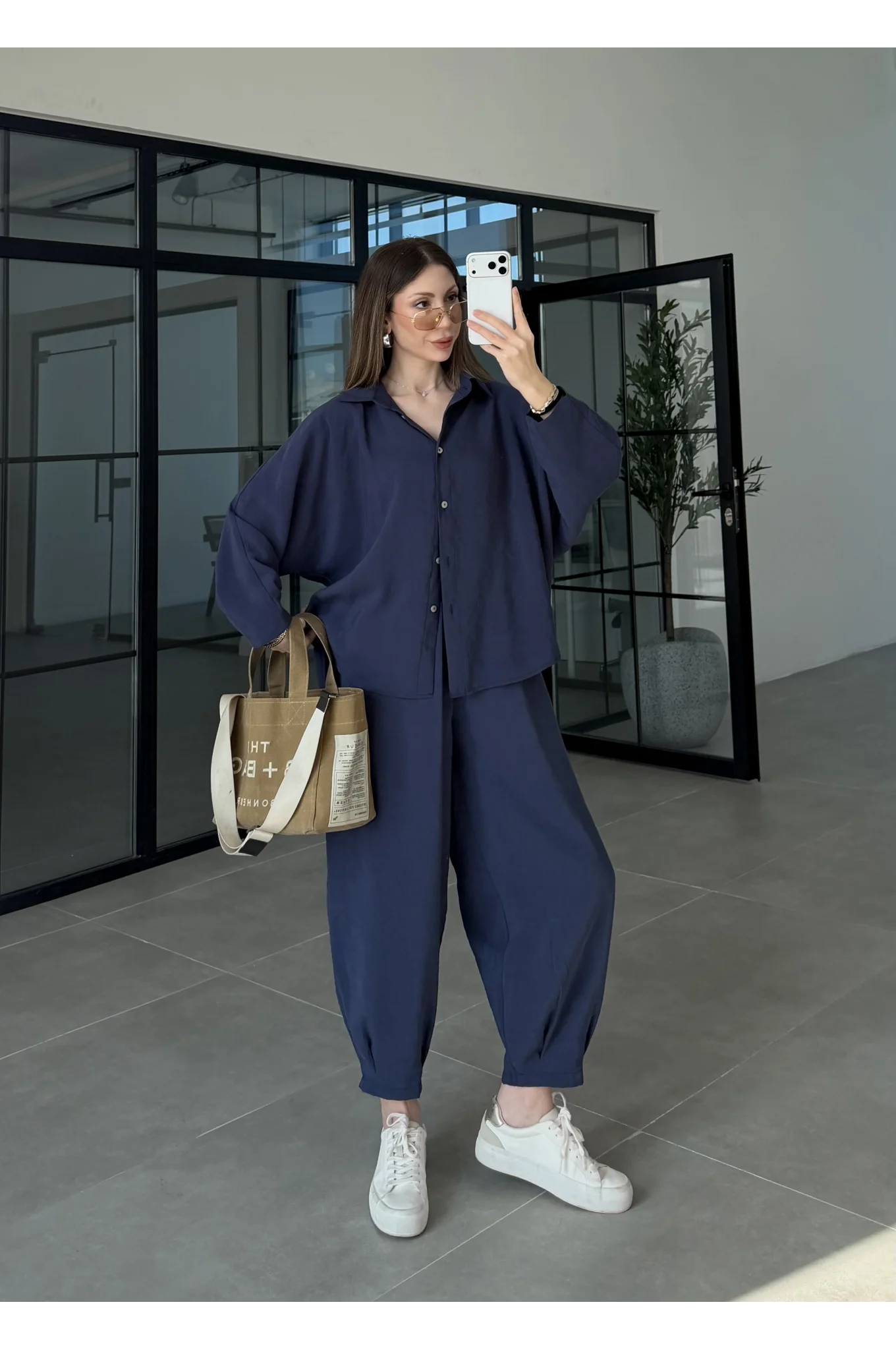 Tensel Oversize Lacivert Şalvar Takım