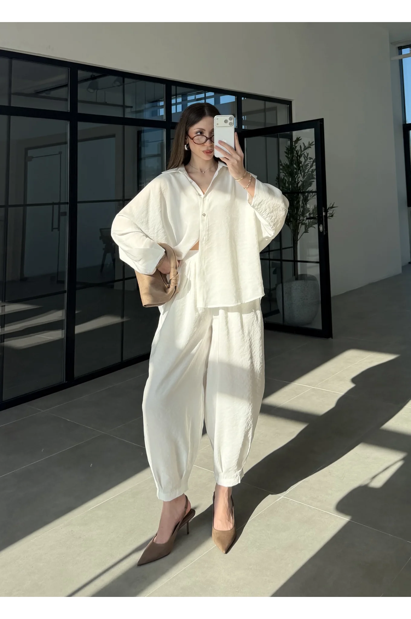 Tensel Oversize Beyaz Şalvar Takım