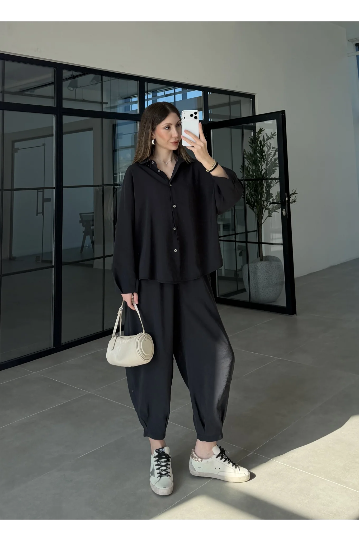 Tensel Oversize Siyah Şalvar Takım
