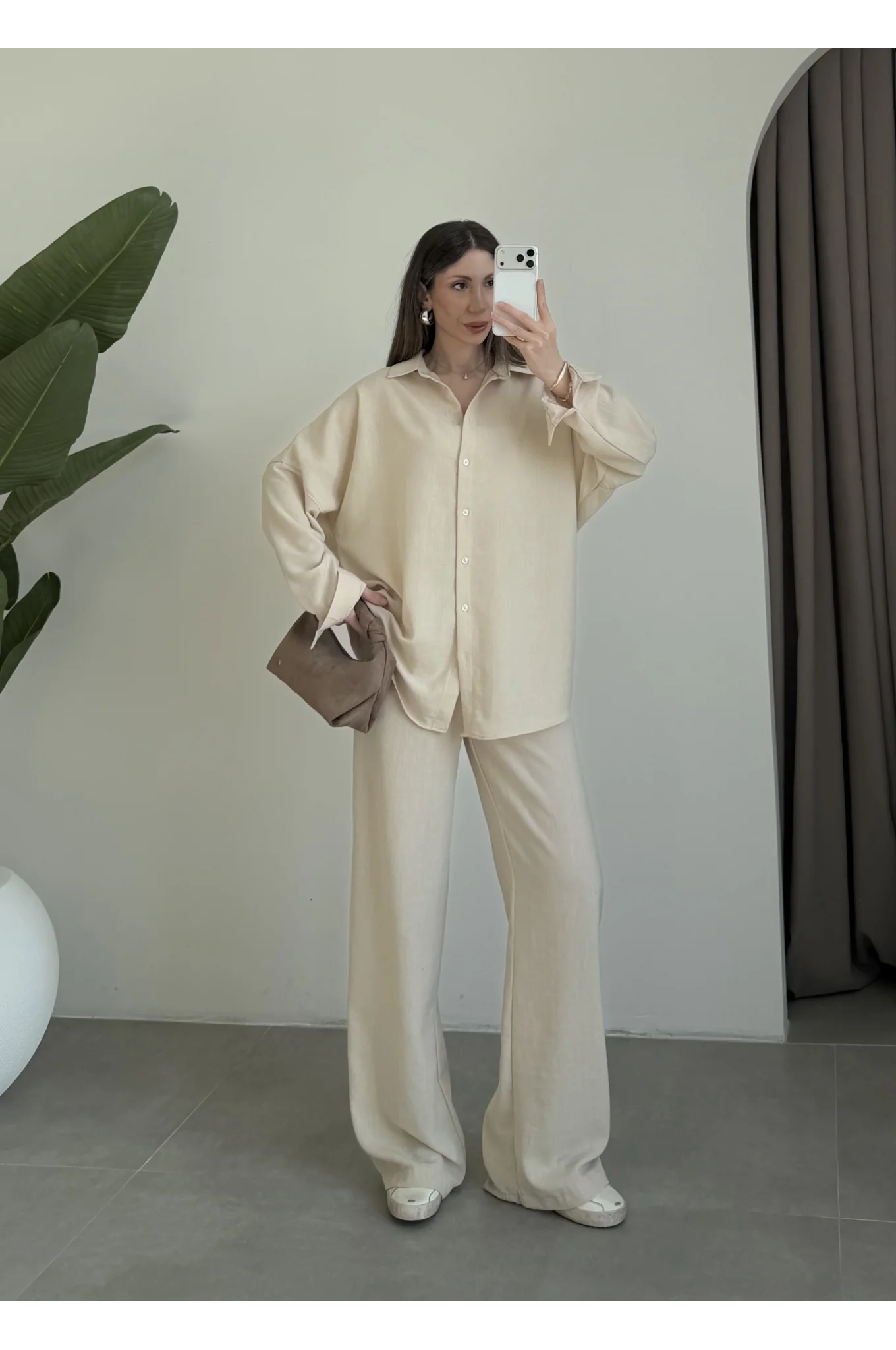 Keten Oversize Taş Gömlek Takım