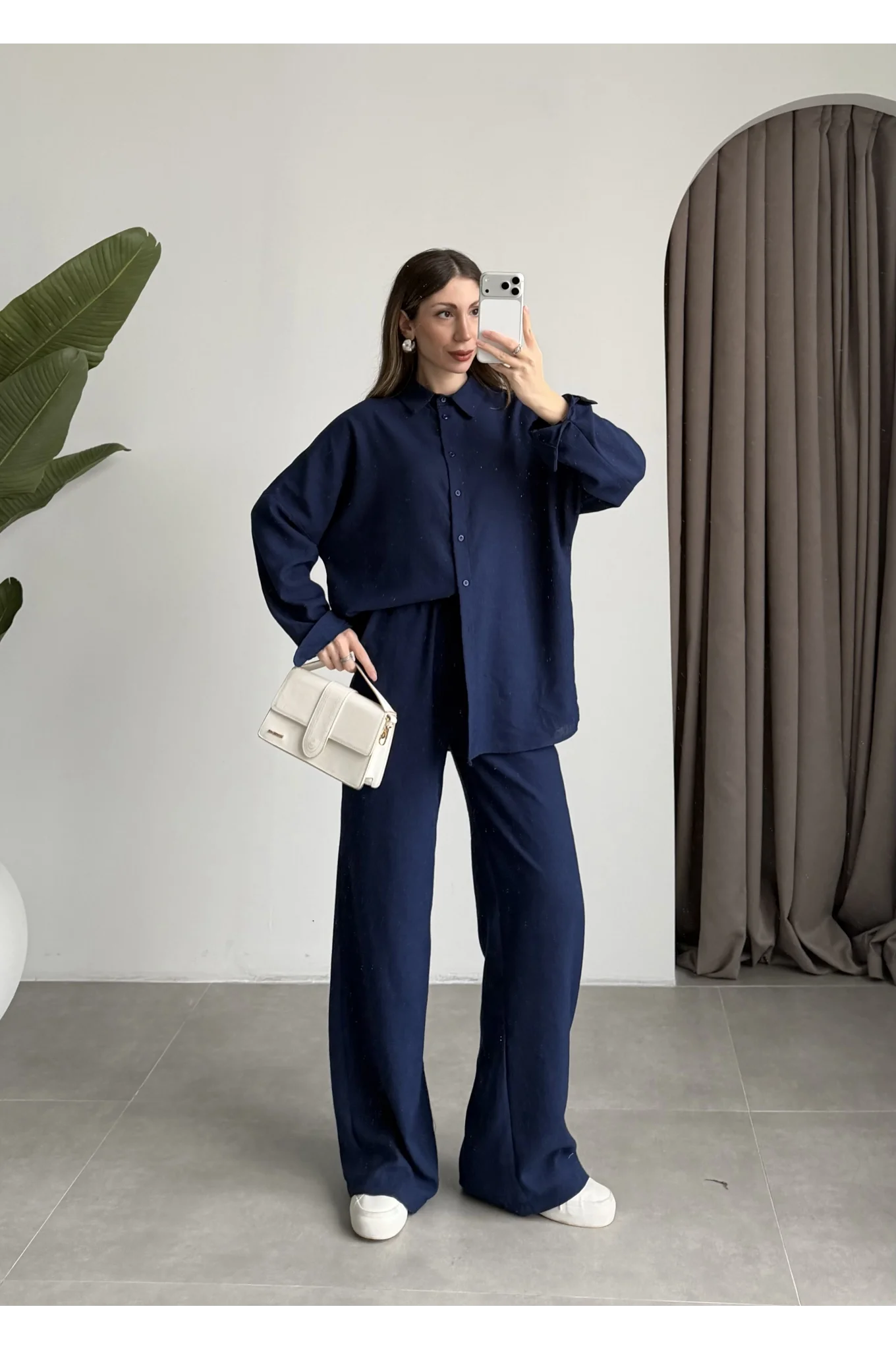 Keten Oversize Lacivert Gömlek Takım