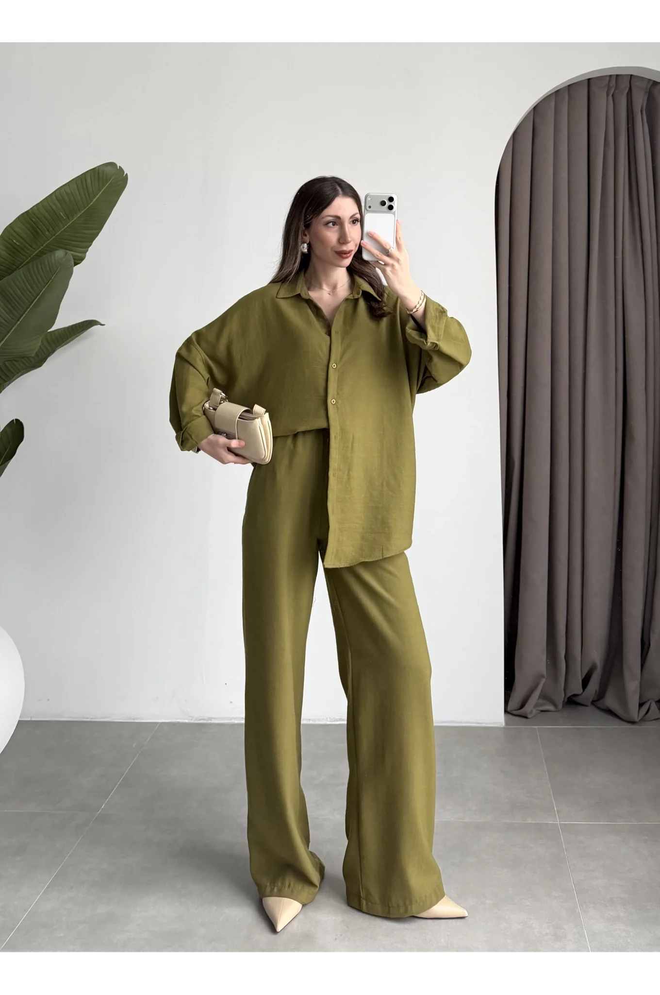 Keten Oversize Yağ Yeşili Gömlek Takım