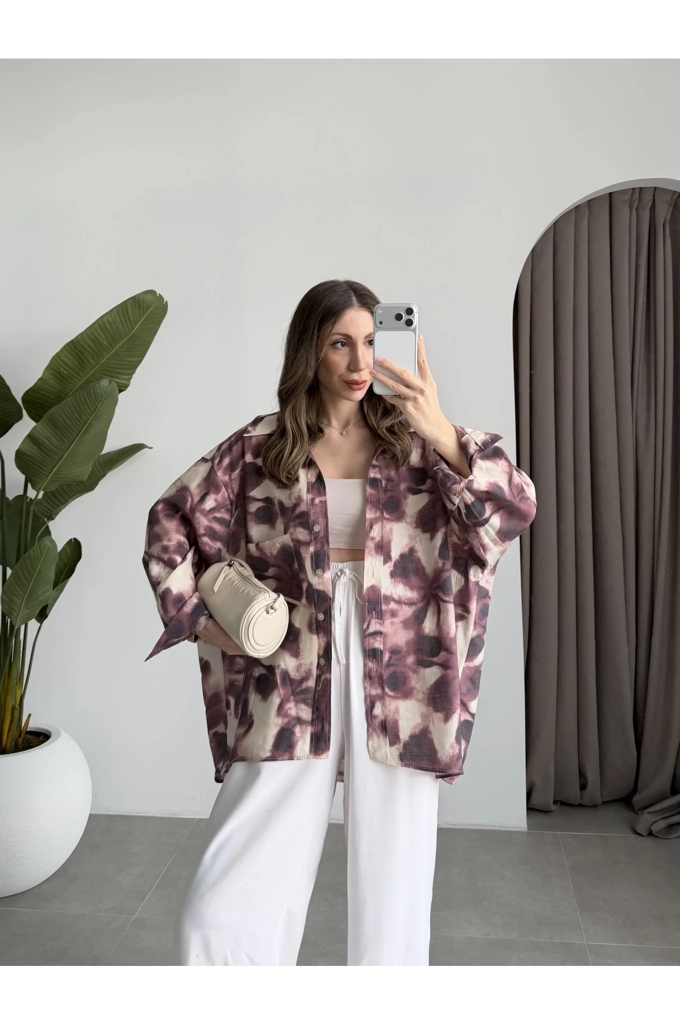 Oversize Bordo Tensel Empirme Gömlek
