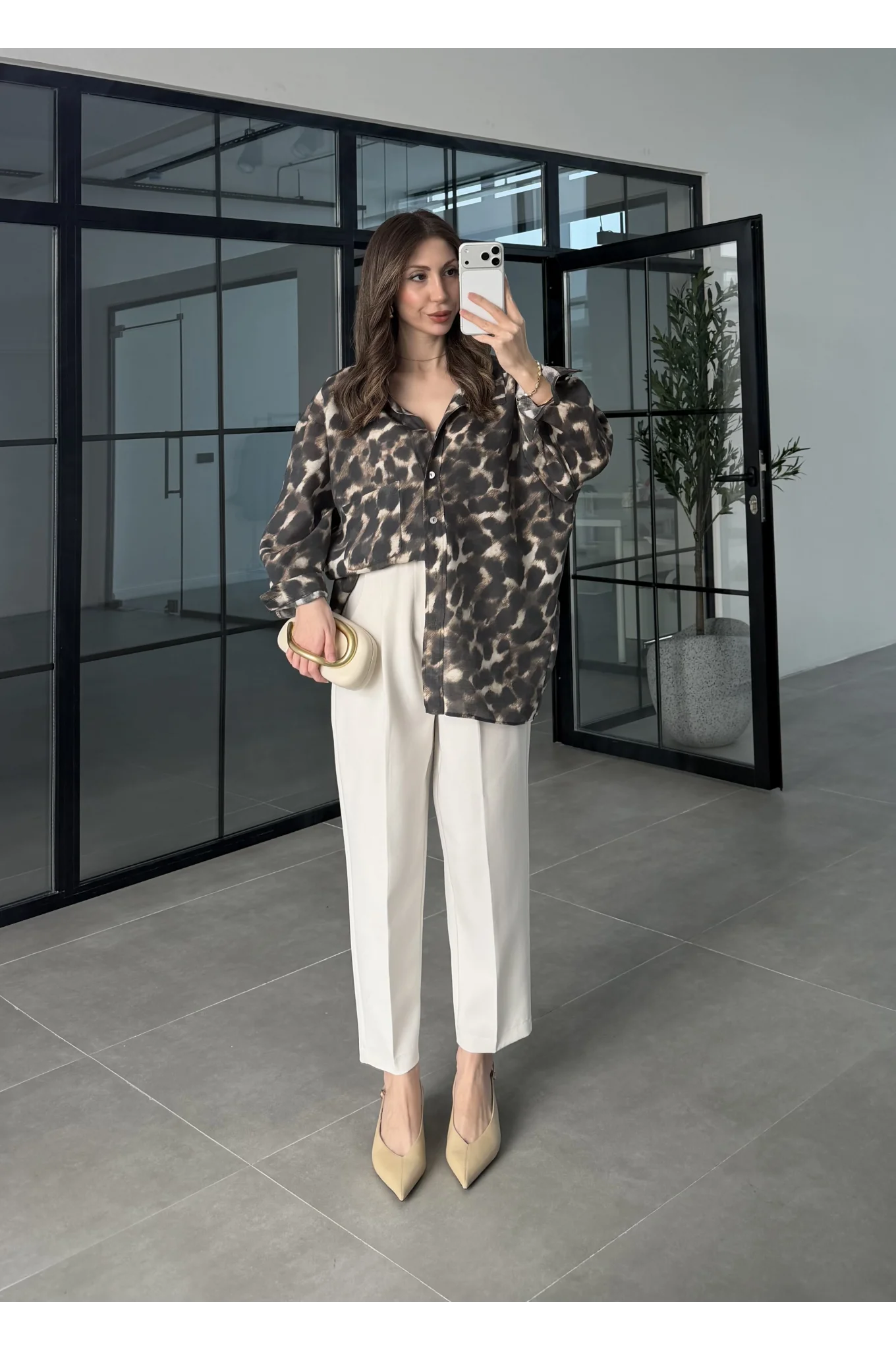 Leopar Desenli Oversize Tensel Gömlek