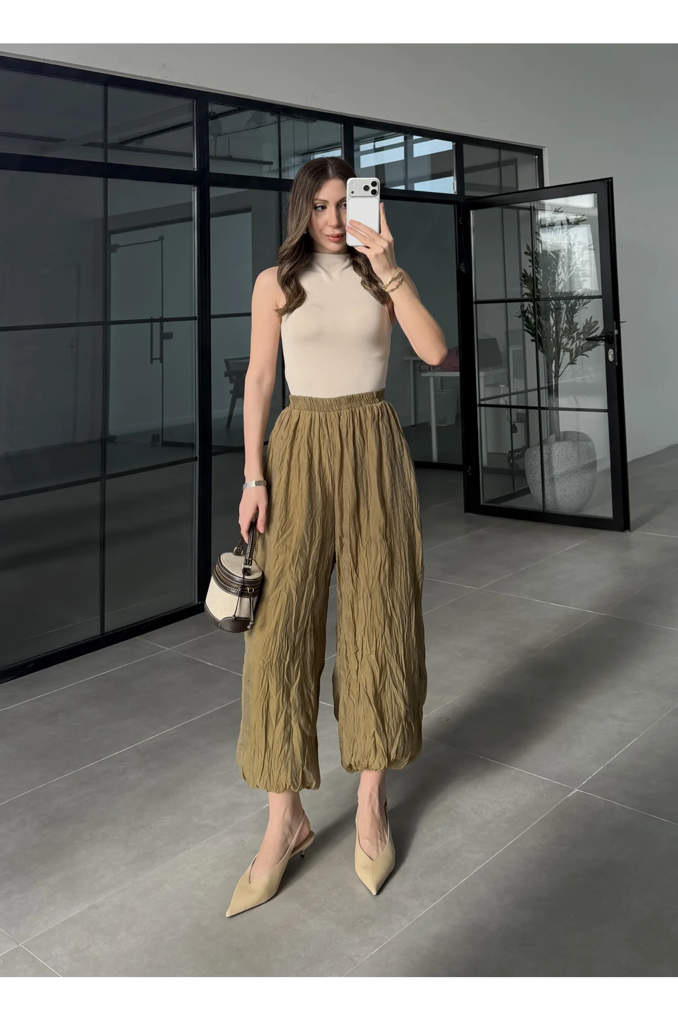 Kırışık Kumaş Olive Şalvar Pantolon