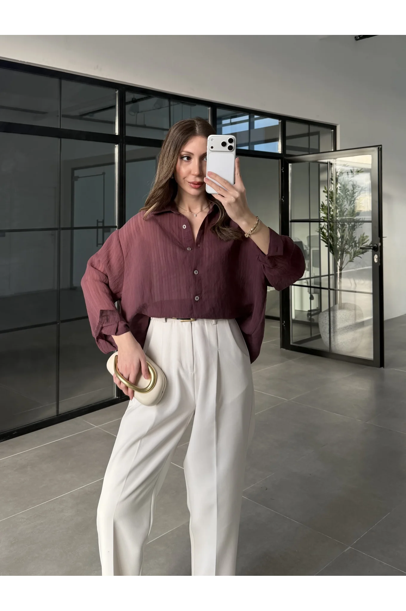 Oversize Transparan Mürdüm Gömlek