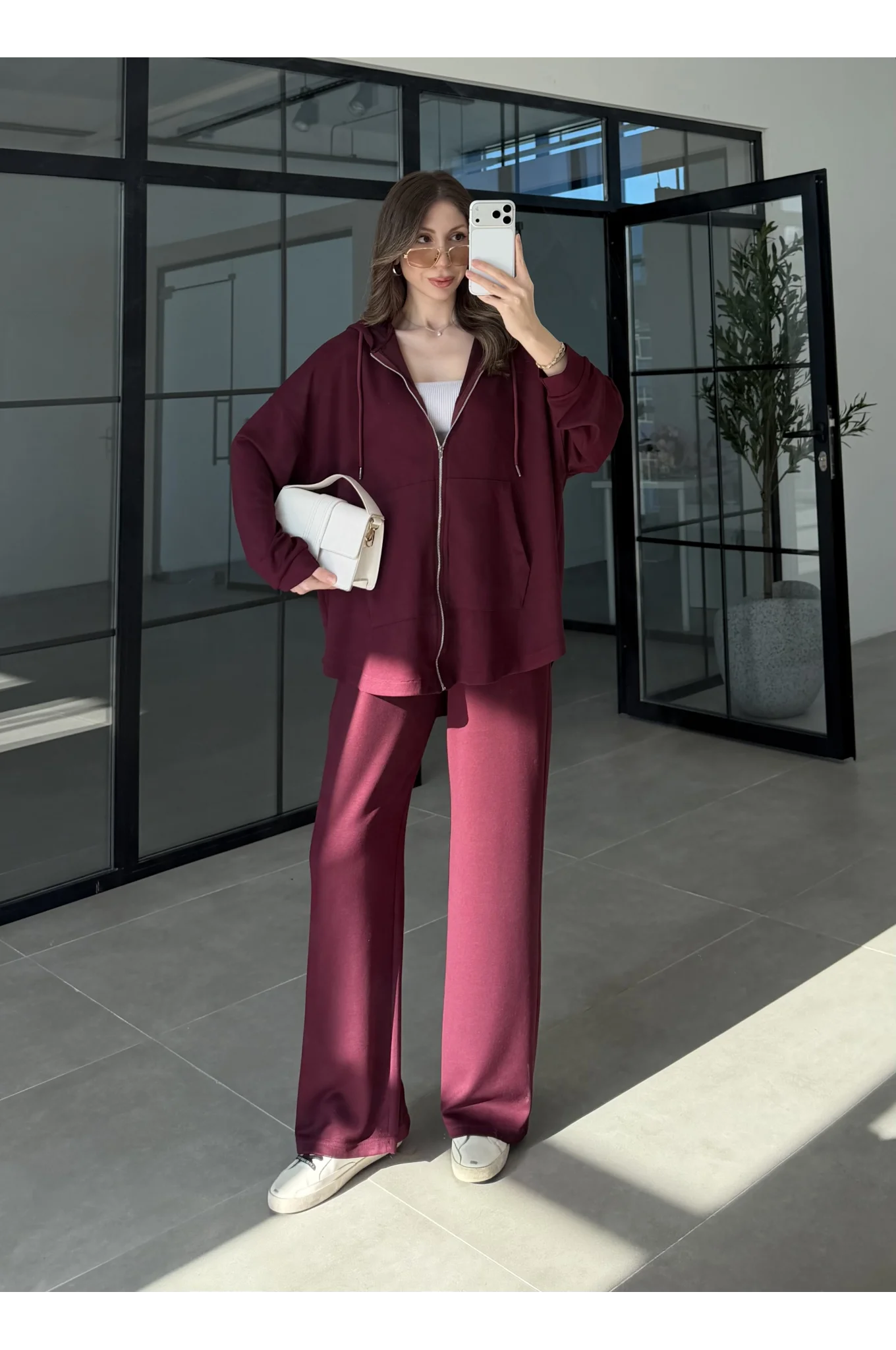 Kapüşonlu Oysh Kumaş Fermuarlı Bordo Spor Takım