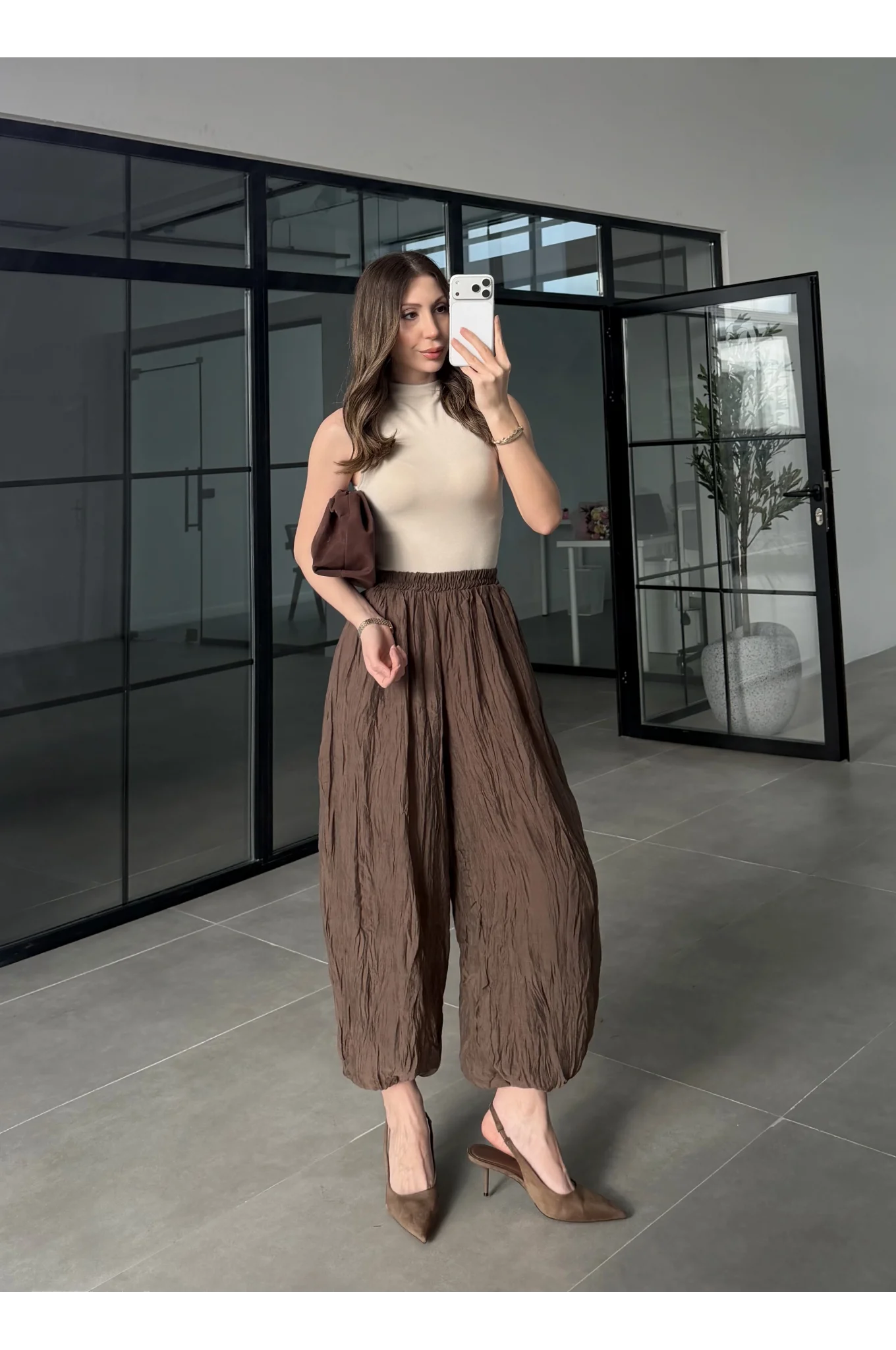 Kırışık Kumaş Kahve Şalvar Pantolon