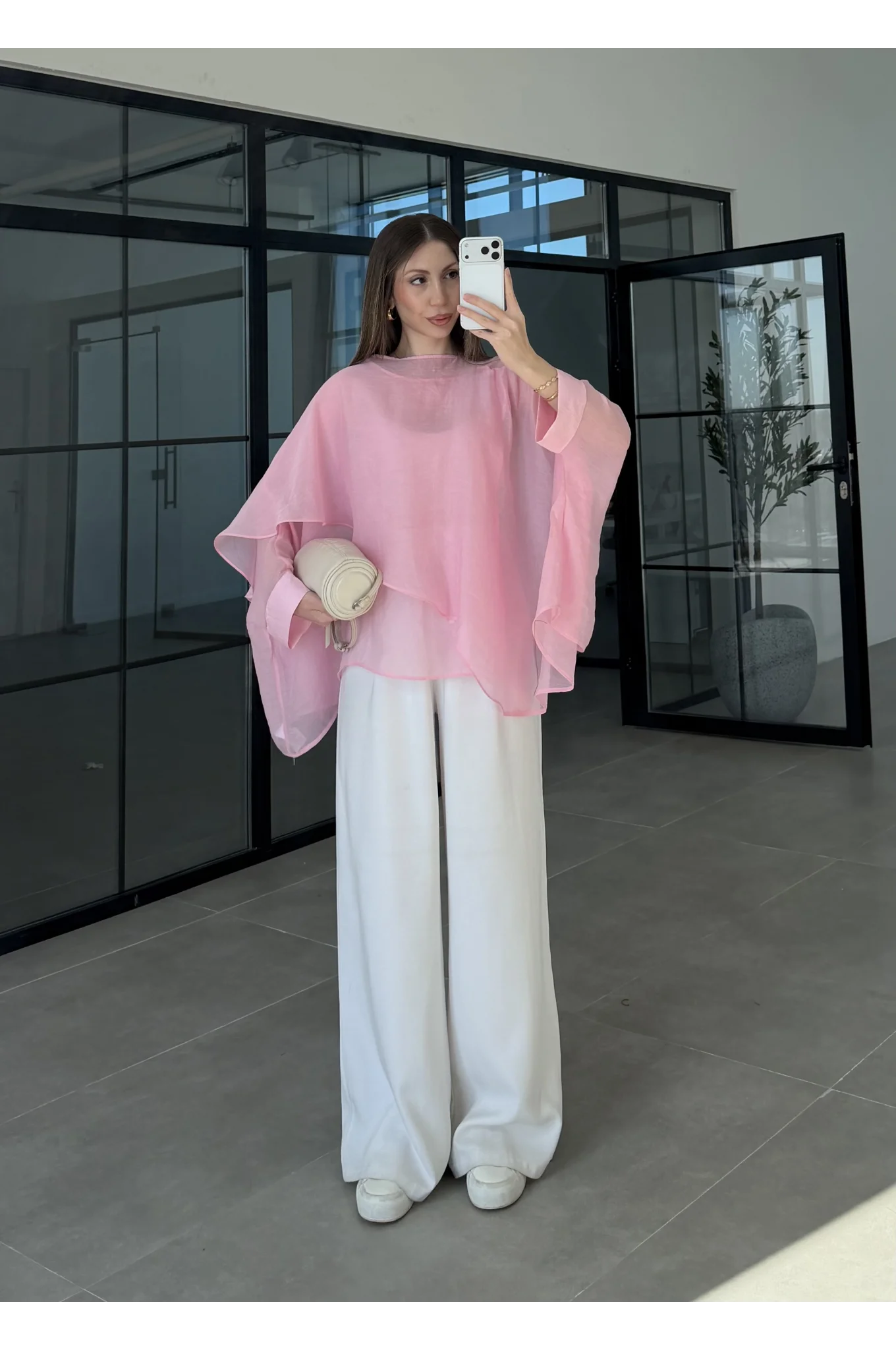 Uçuşan Pelerin Pembe Tül Bluz