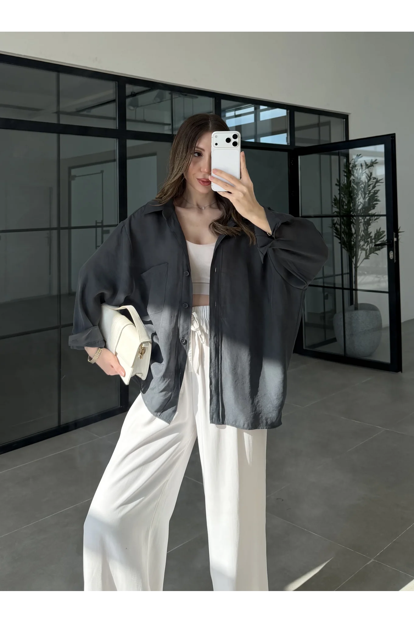 Oversize Tensel Vintage Antrasit Gömlek