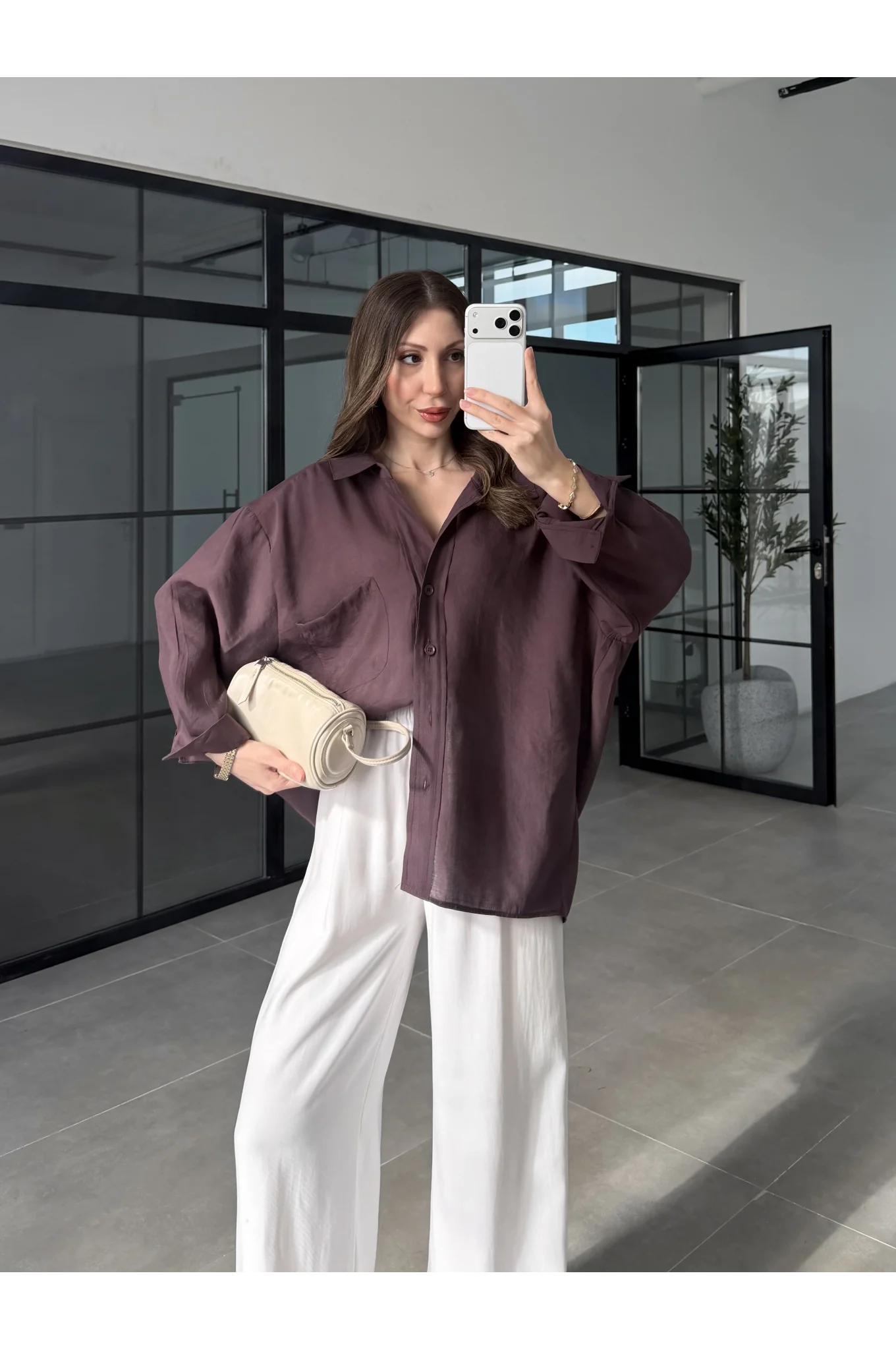 Mürdüm Oversize Tensel Gömlek