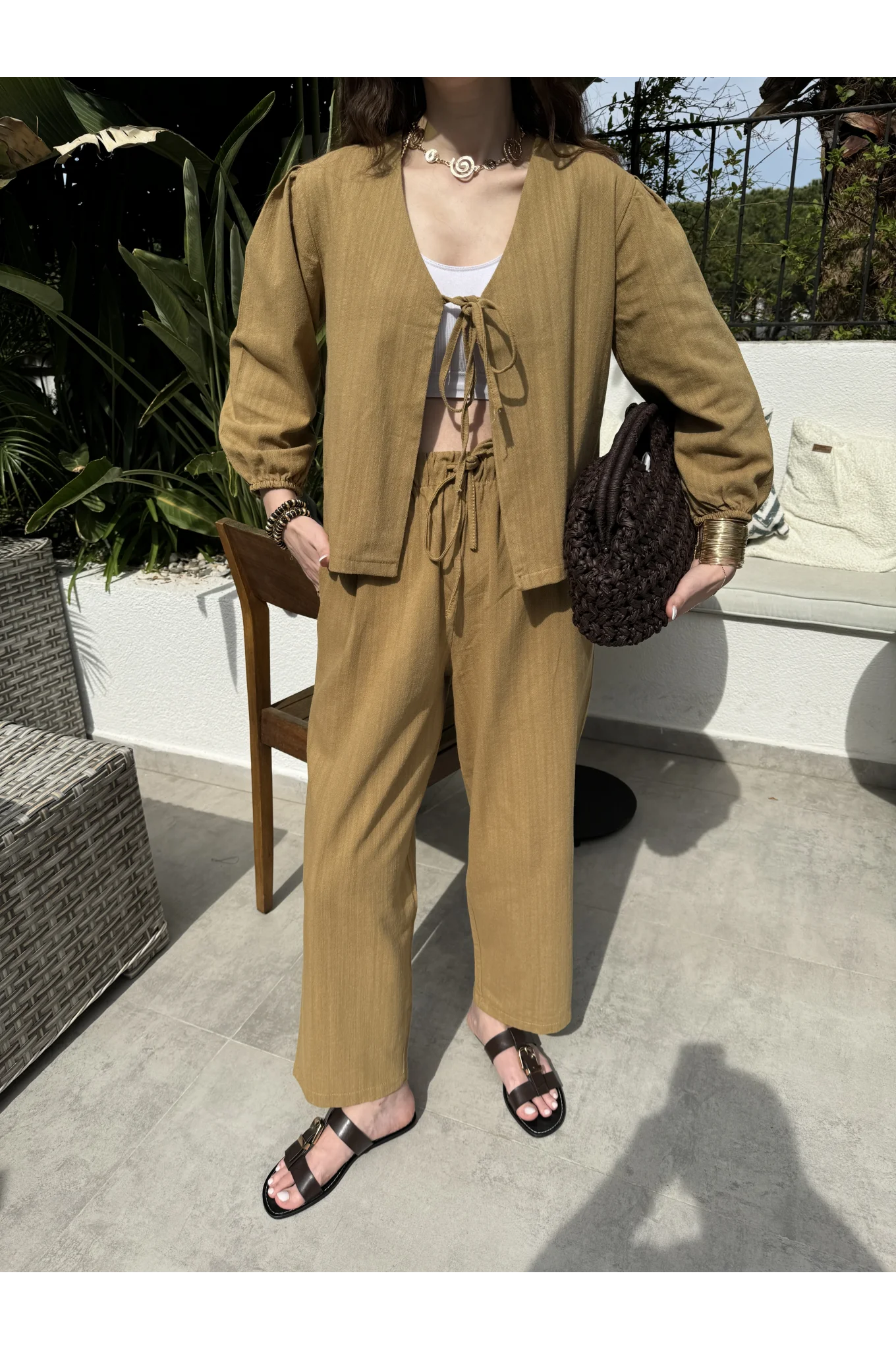 Diana Önü Bağlamalı Kısa Keten Yağ Yeşili Kimono Takım