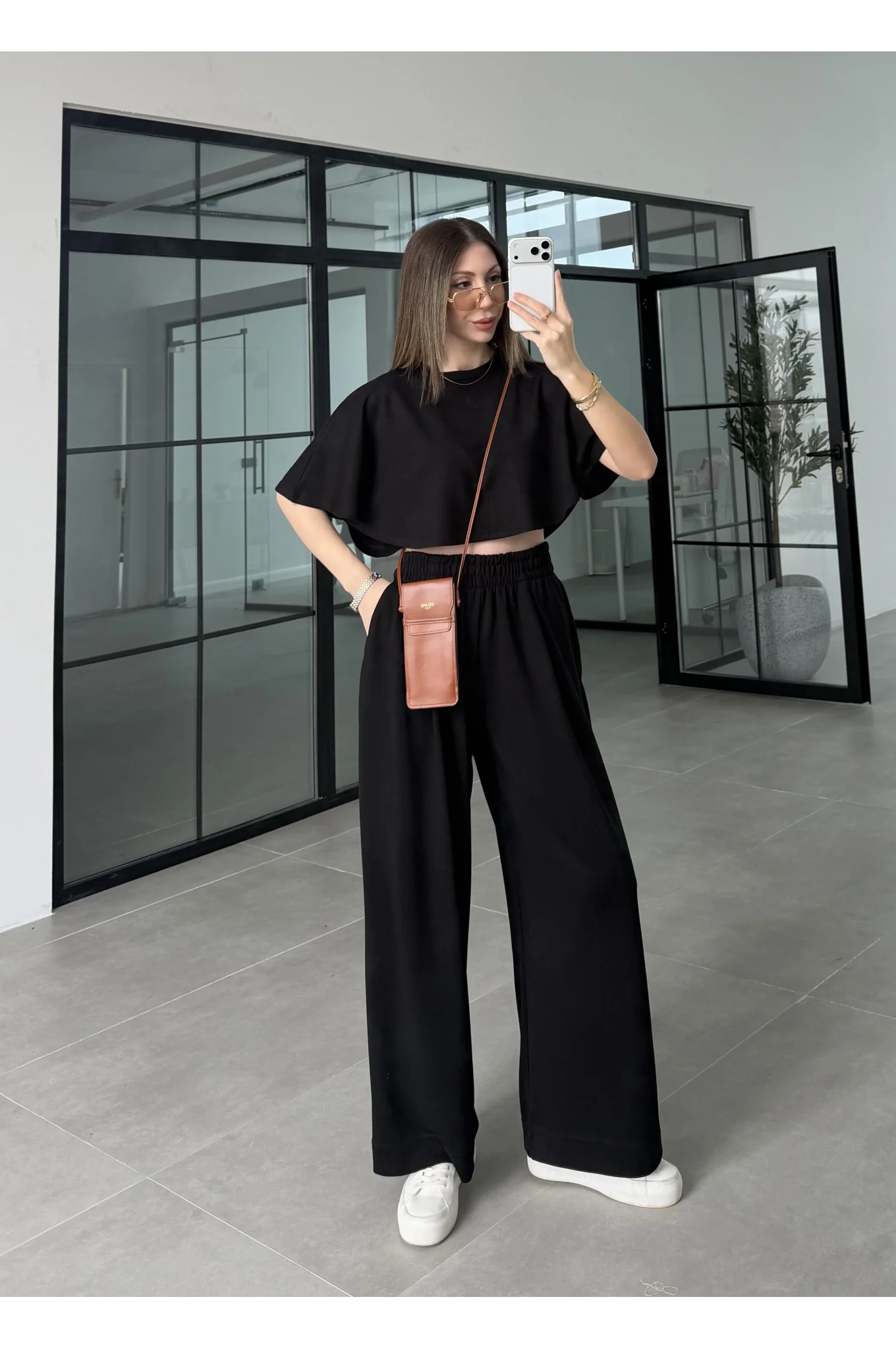 Oysh Modal Kumaş Beli Lastikli Siyah Crop Takım