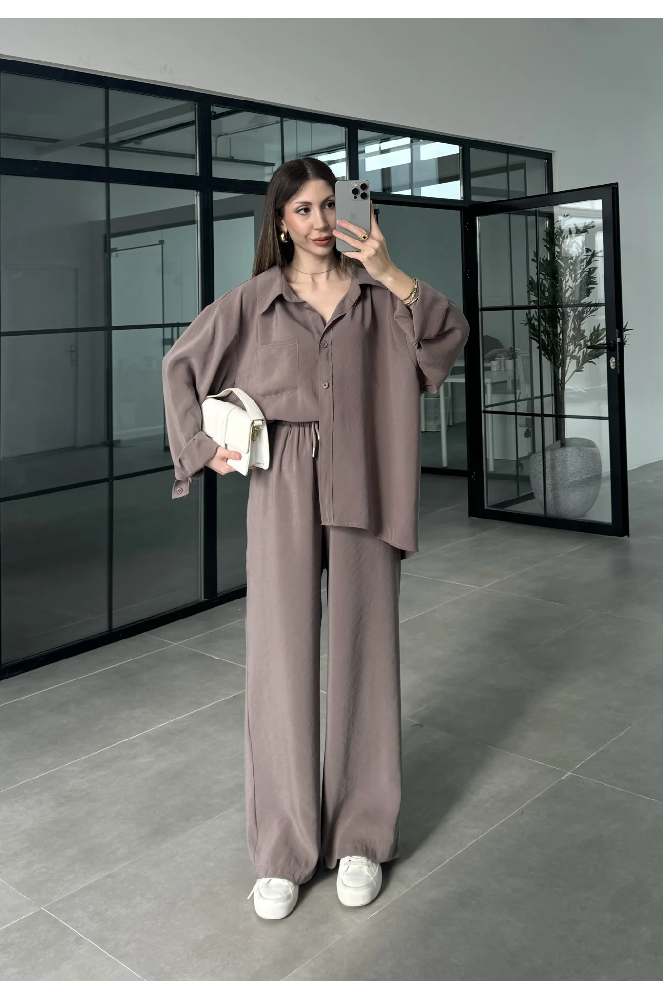 Fav Tensel Kumaş Oversize Vizon Palazzo Takım