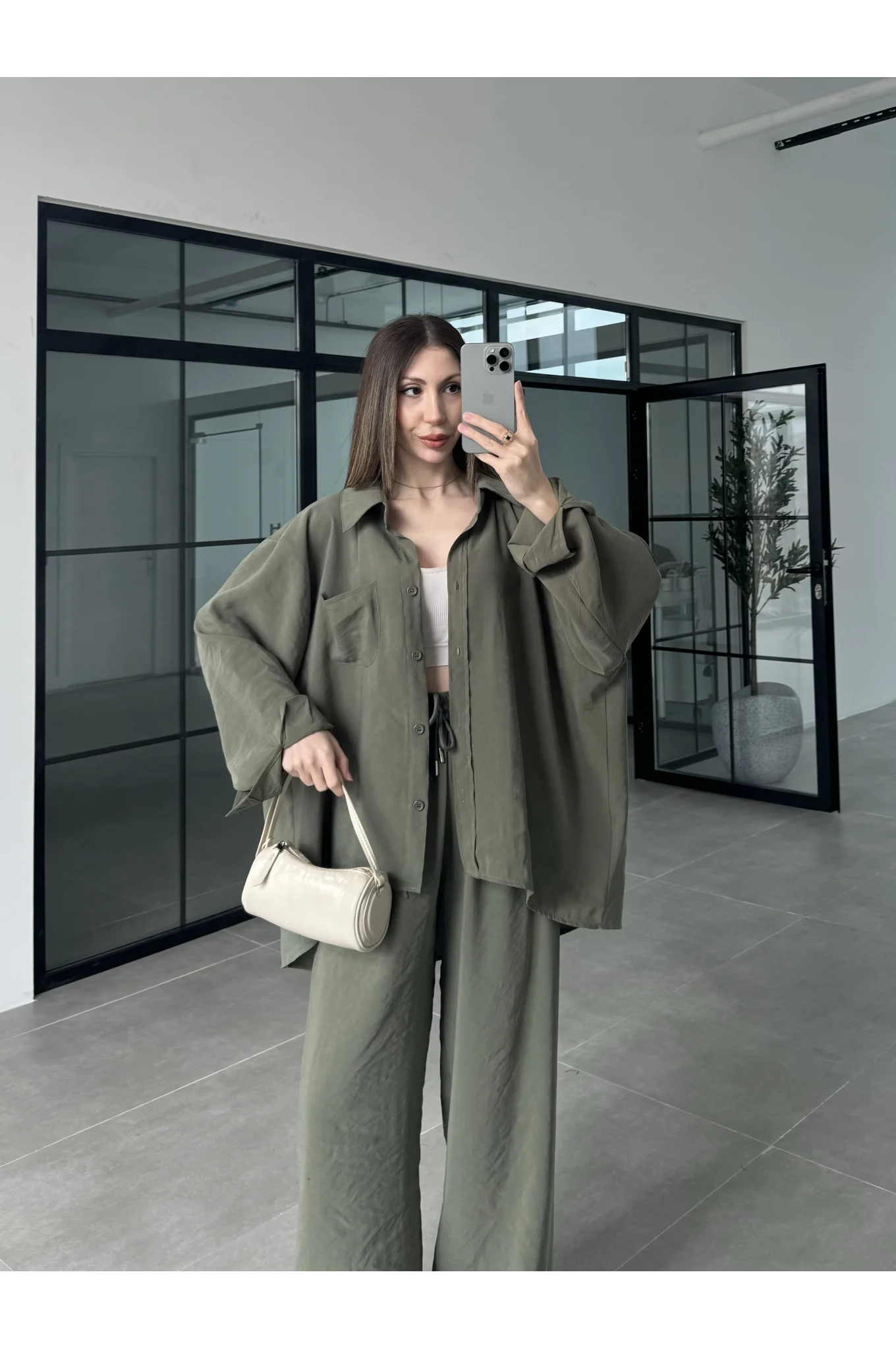 Fav Tensel Kumaş Oversize Haki Palazzo Takım
