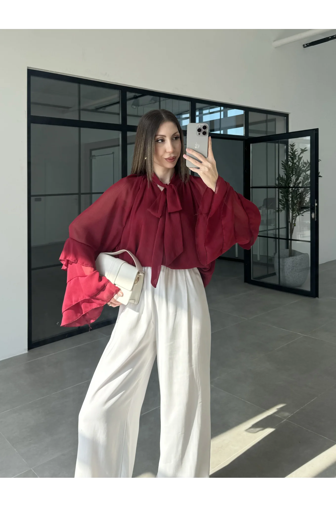 Loya Bağlamalı Bordo Şifon Bluz