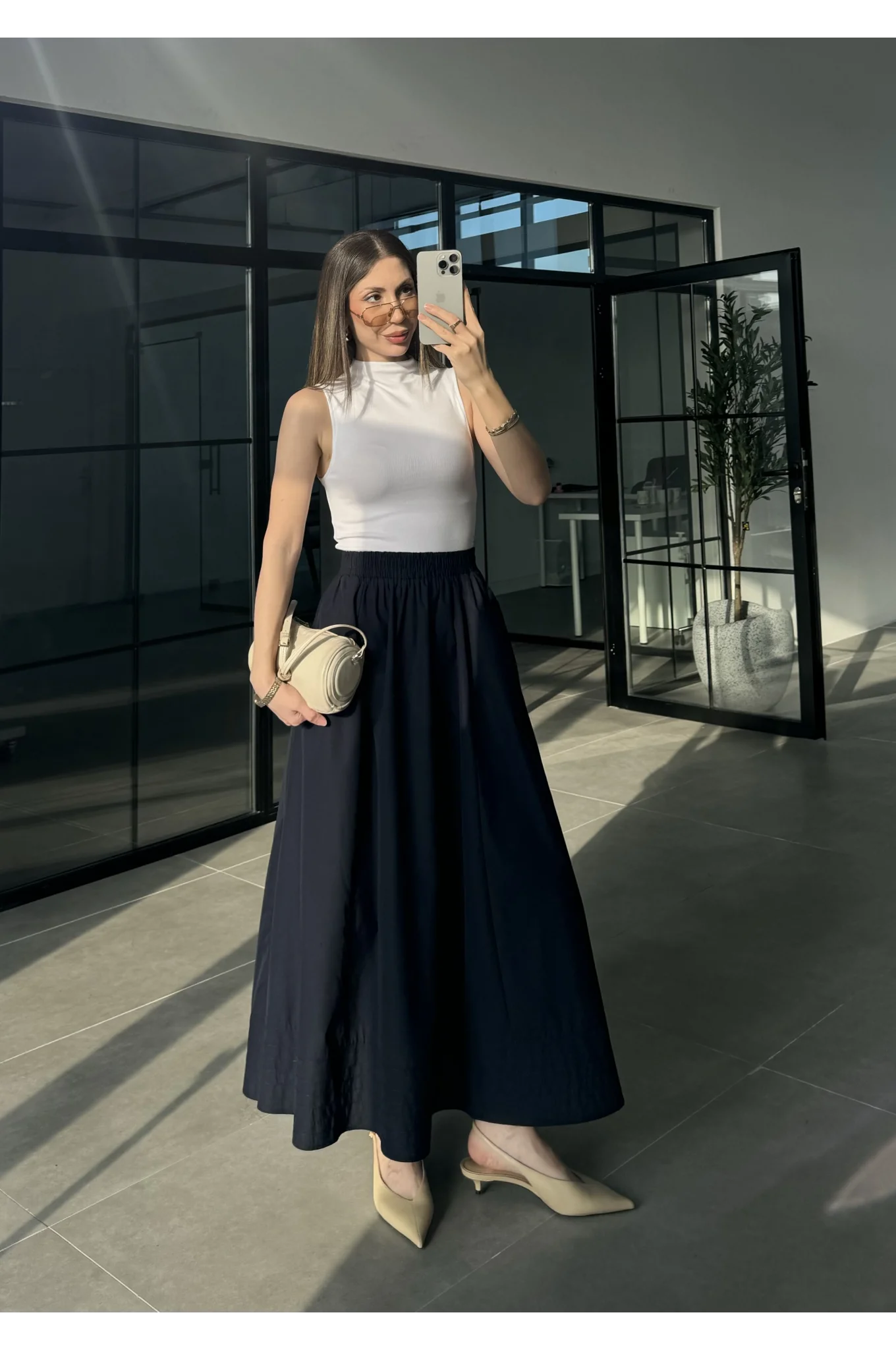 Poplin Kumaş Cepli Lacivert Etek