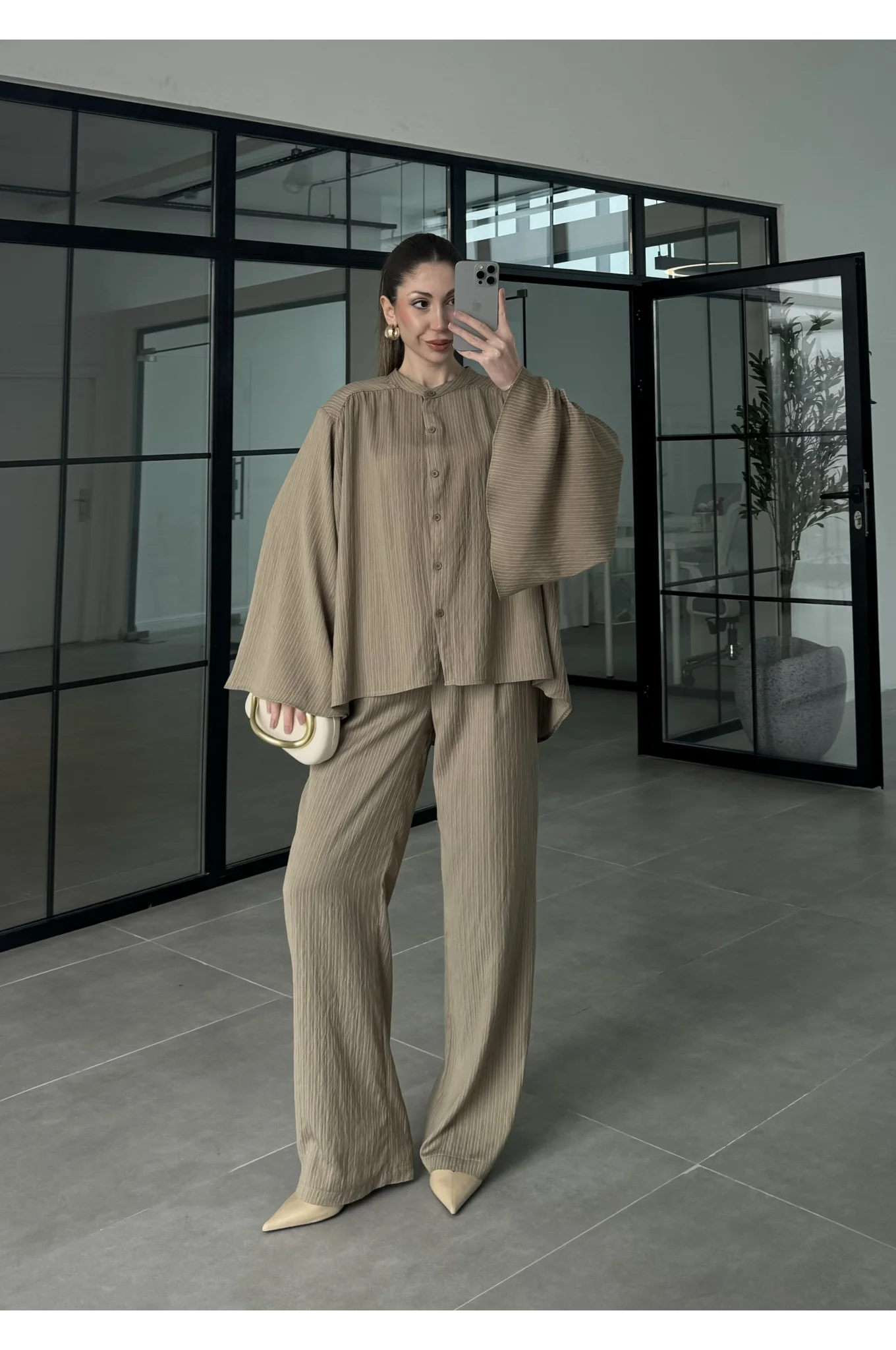 Yarasa Kol Oversize Çizgili Haki Takım