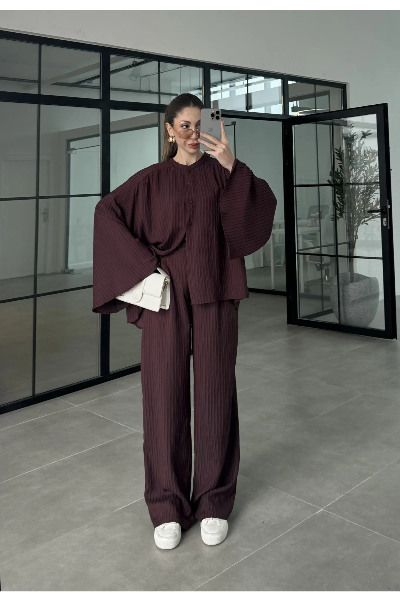 Yarasa Kol Oversize Çizgili Bordo Takım