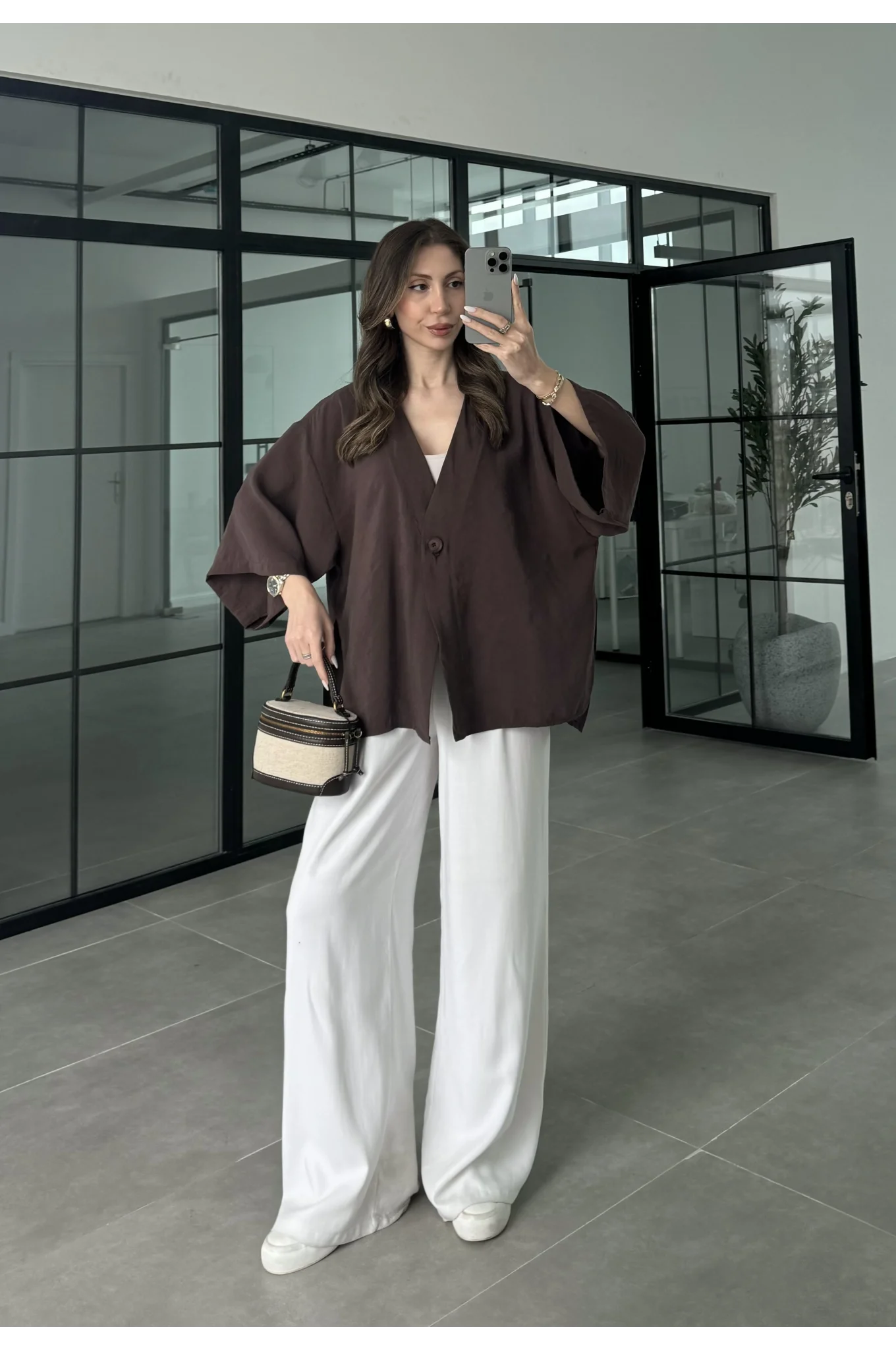 Sofi Tek Düğme Oversize Tensel Kahve Gömlek