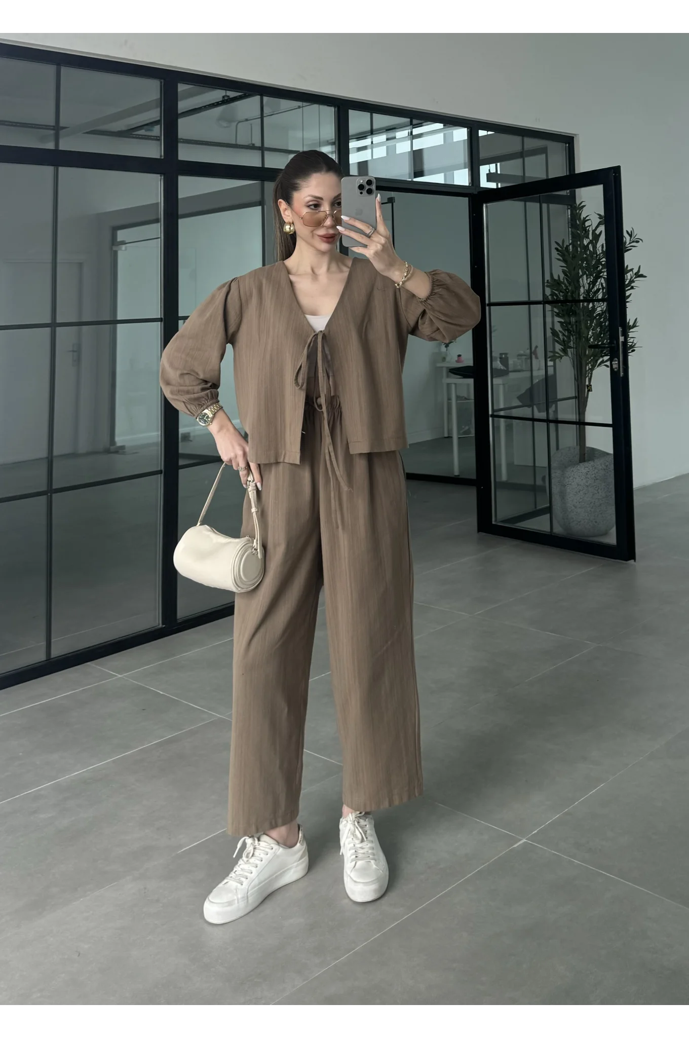 Diana Önü Bağlamalı Kısa Keten Vizon Kimono Takım