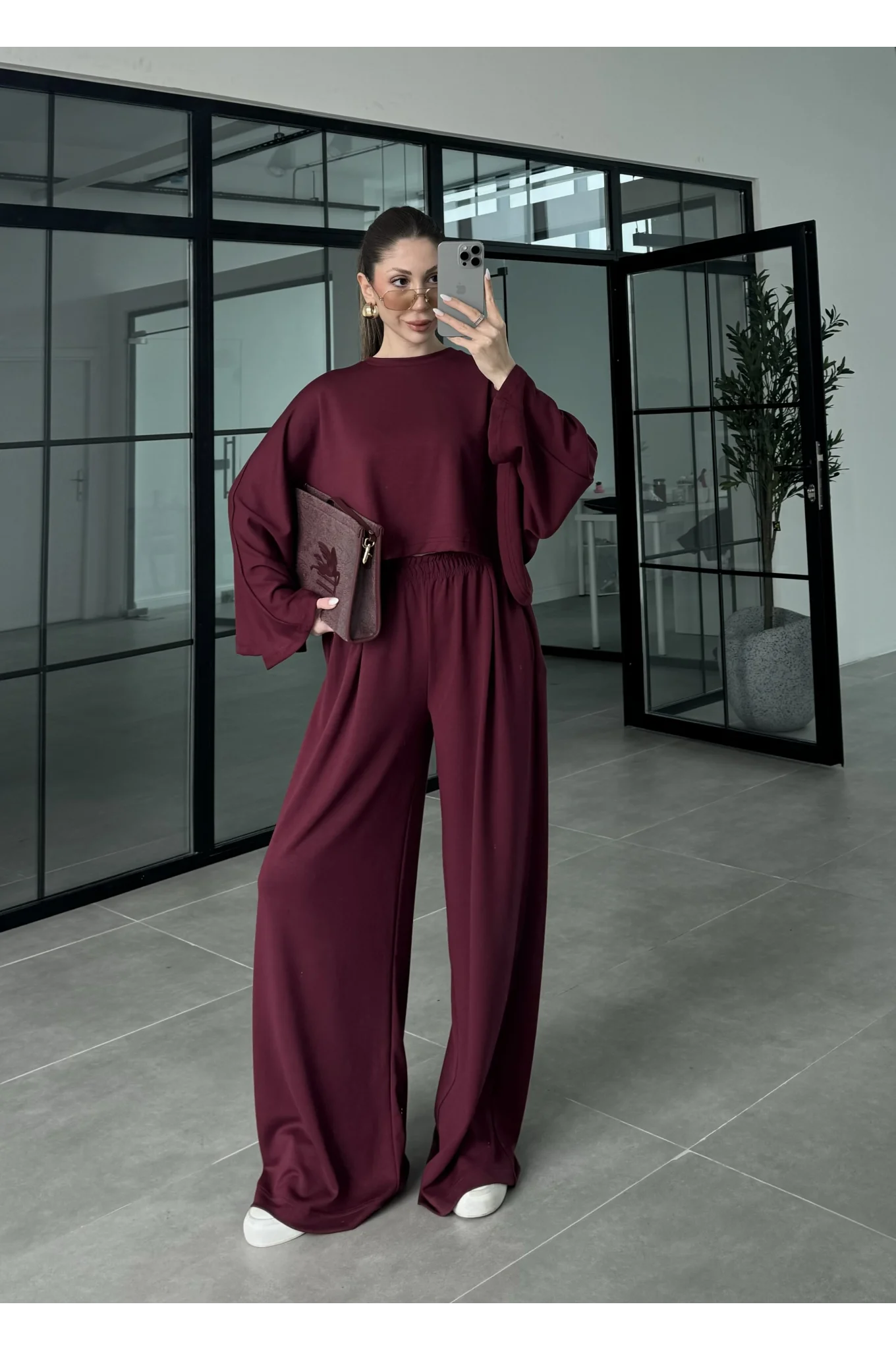 Modal Kumaş Yarasakol Oversize Bordo Takım