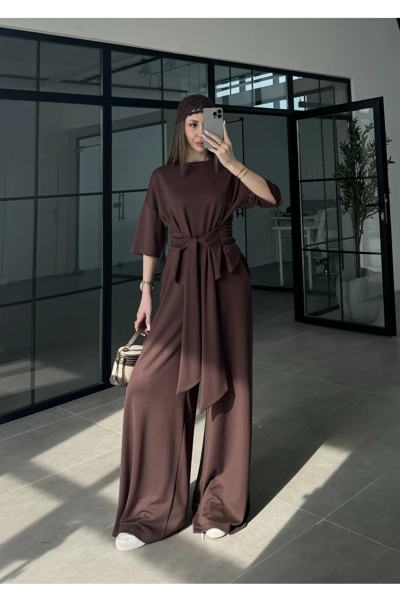 Önden Bağlamalı Model Kumaş Kahve Takım