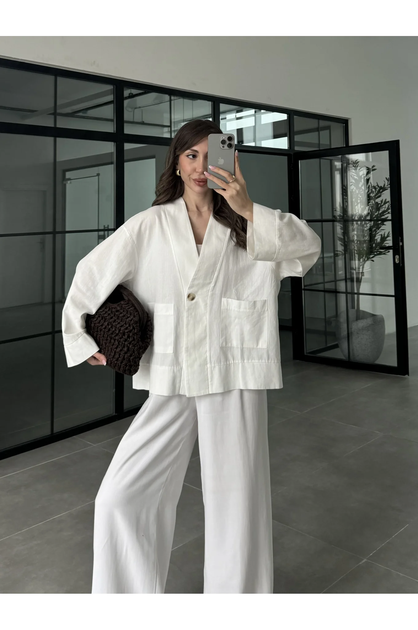 V Yaka Tek Düğme Keten Ekru Kimono Ceket