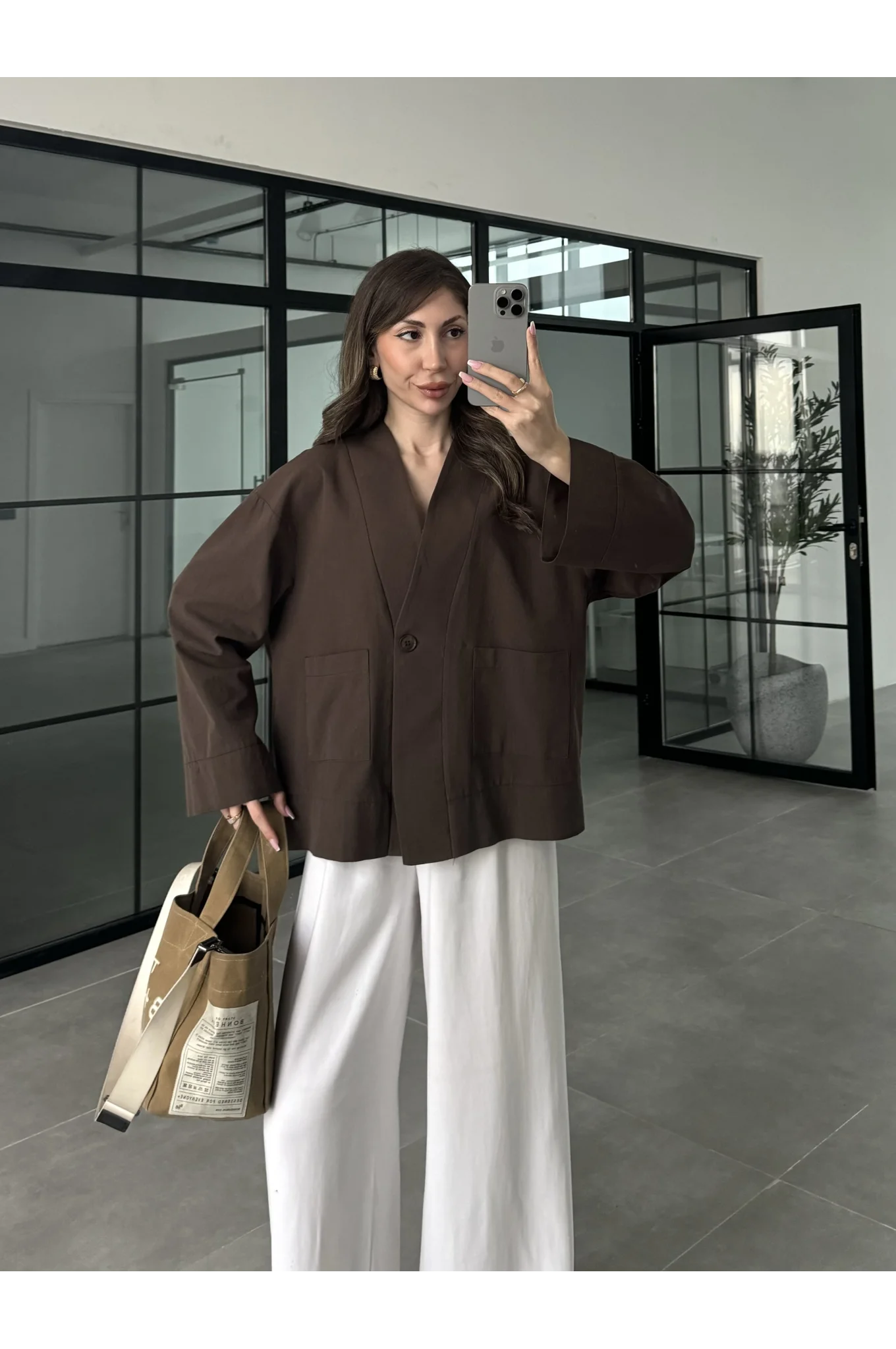V Yaka Tek Düğme Keten Kahve Kimono Ceket