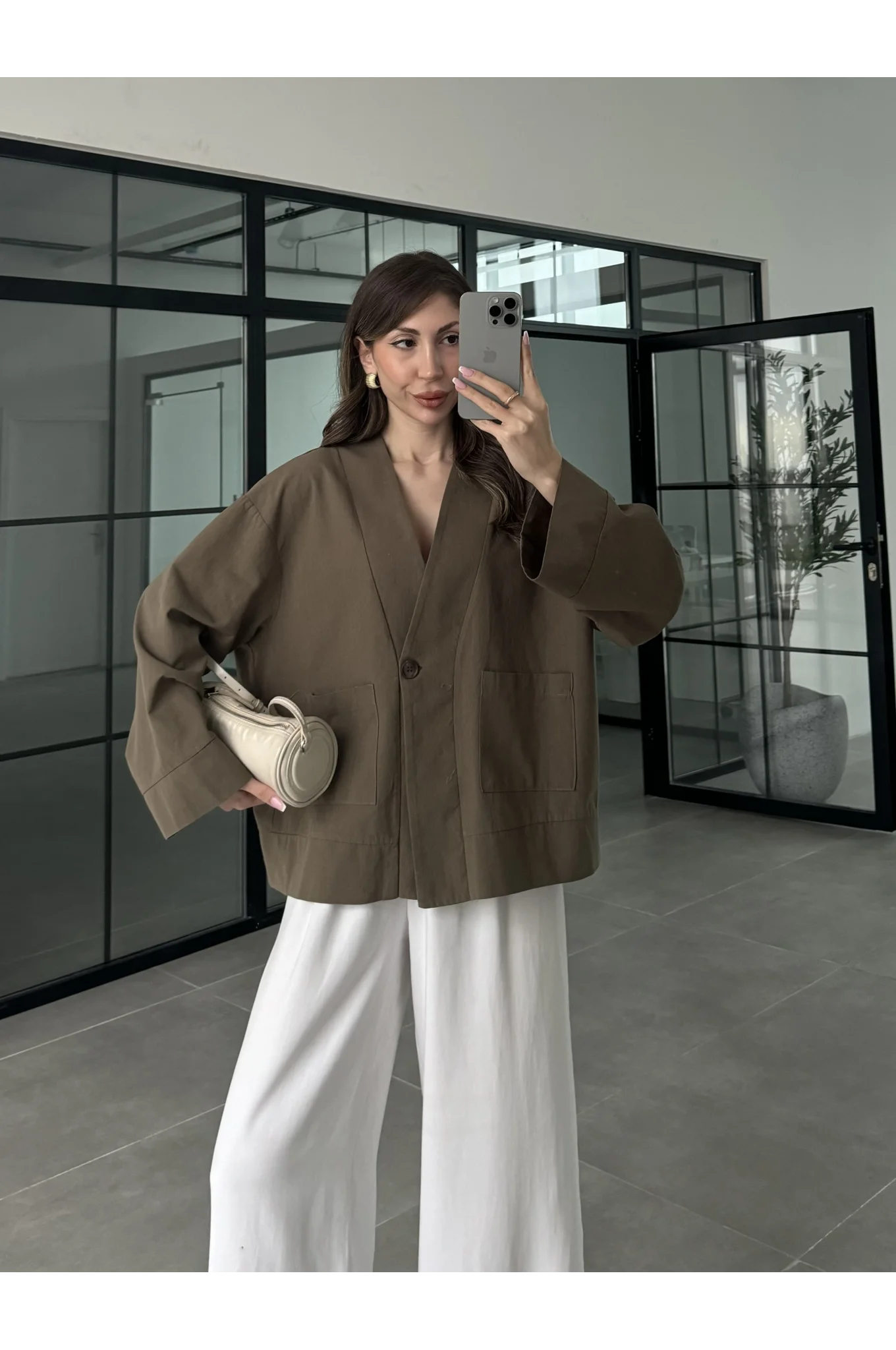 V Yaka Tek Düğme Keten Haki Kimono Ceket