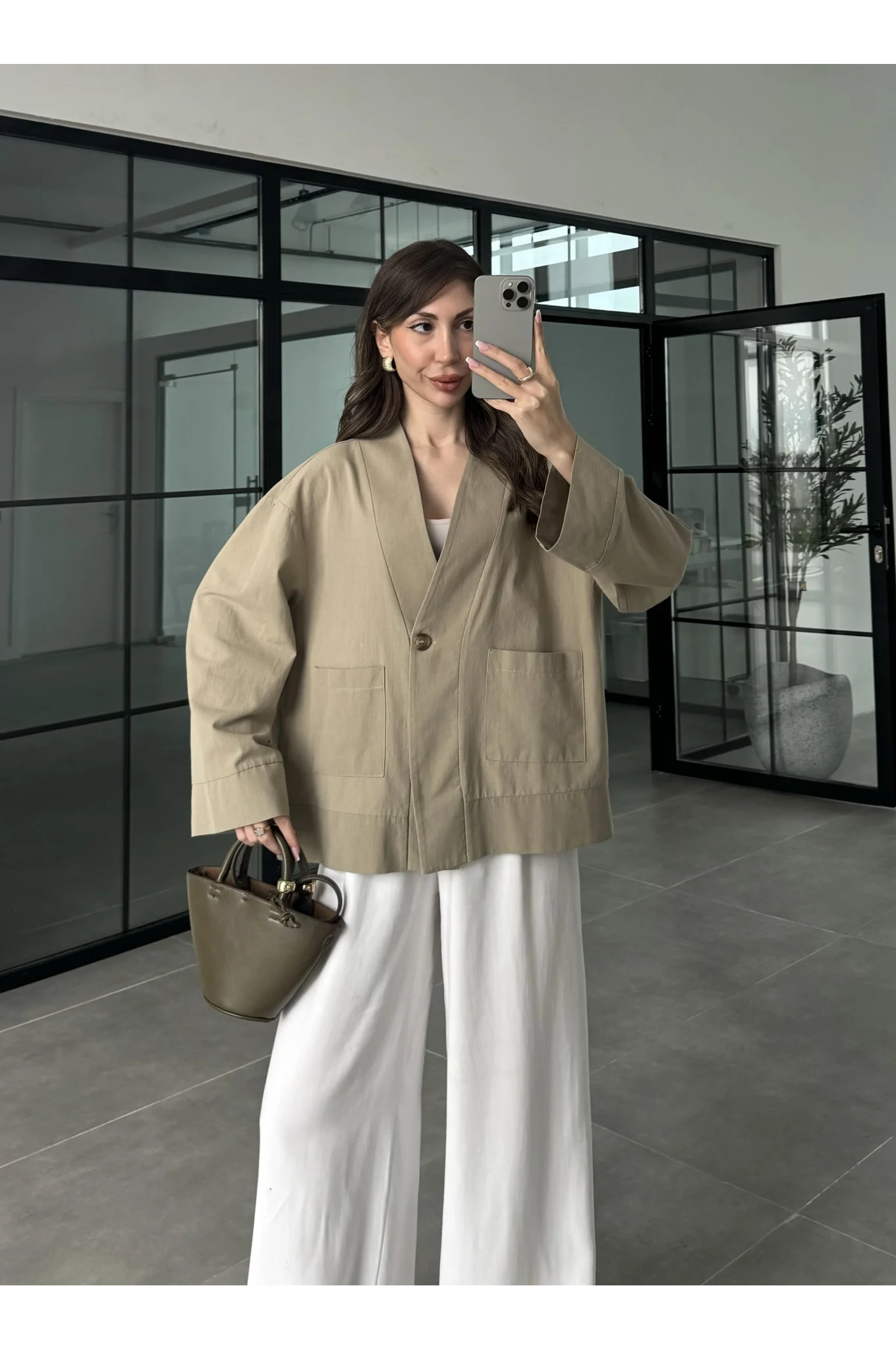 V Yaka Tek Düğme Keten Vizon Kimono Ceket