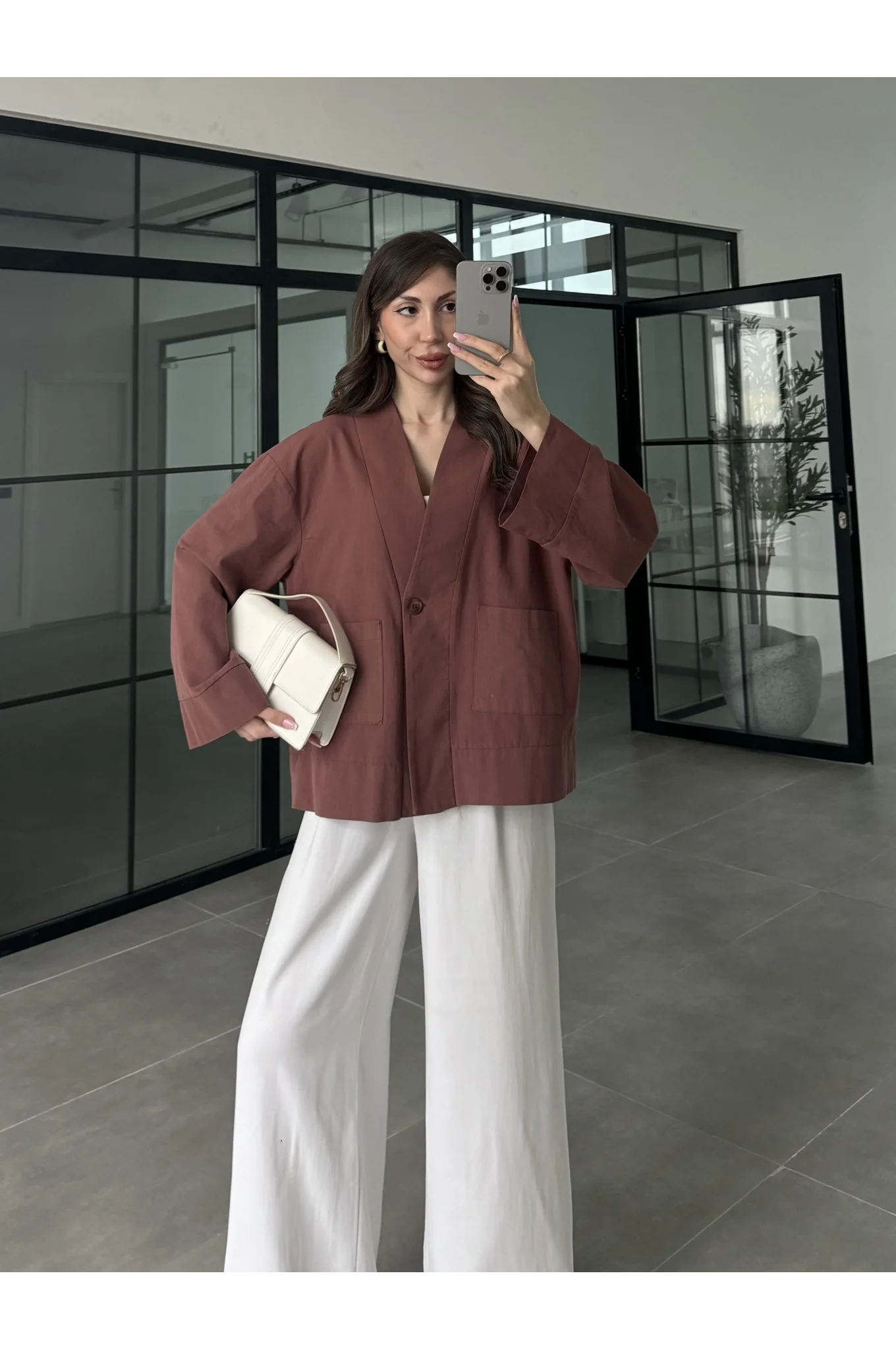 V Yaka Tek Düğme Keten Kiremit Kimono Ceket