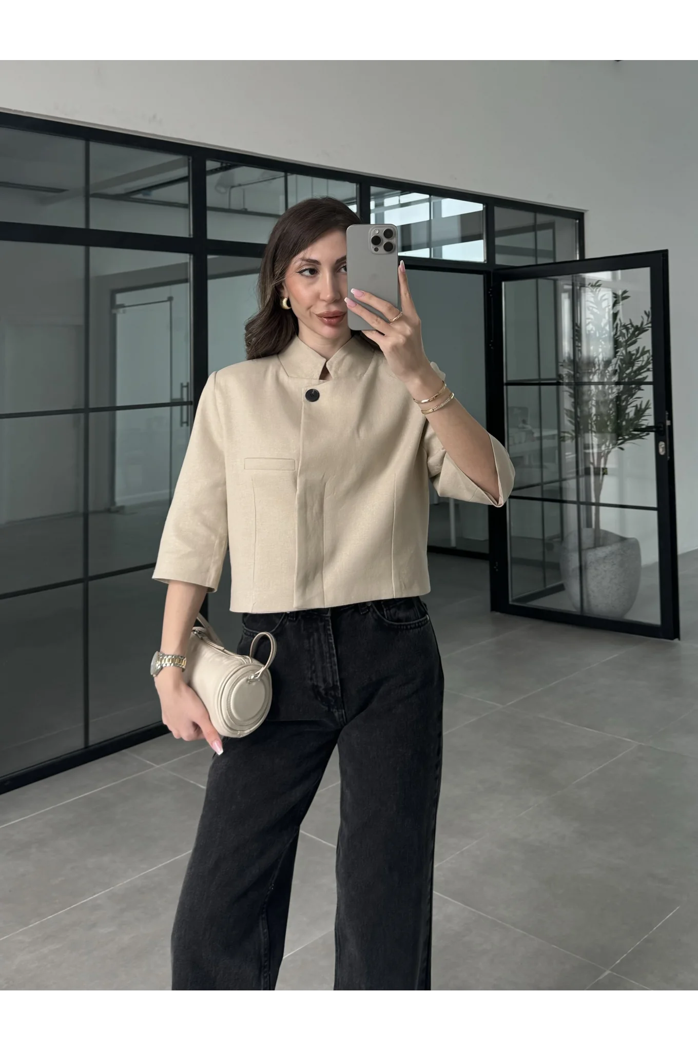 Astarlı Crop Taş Keten Ceket