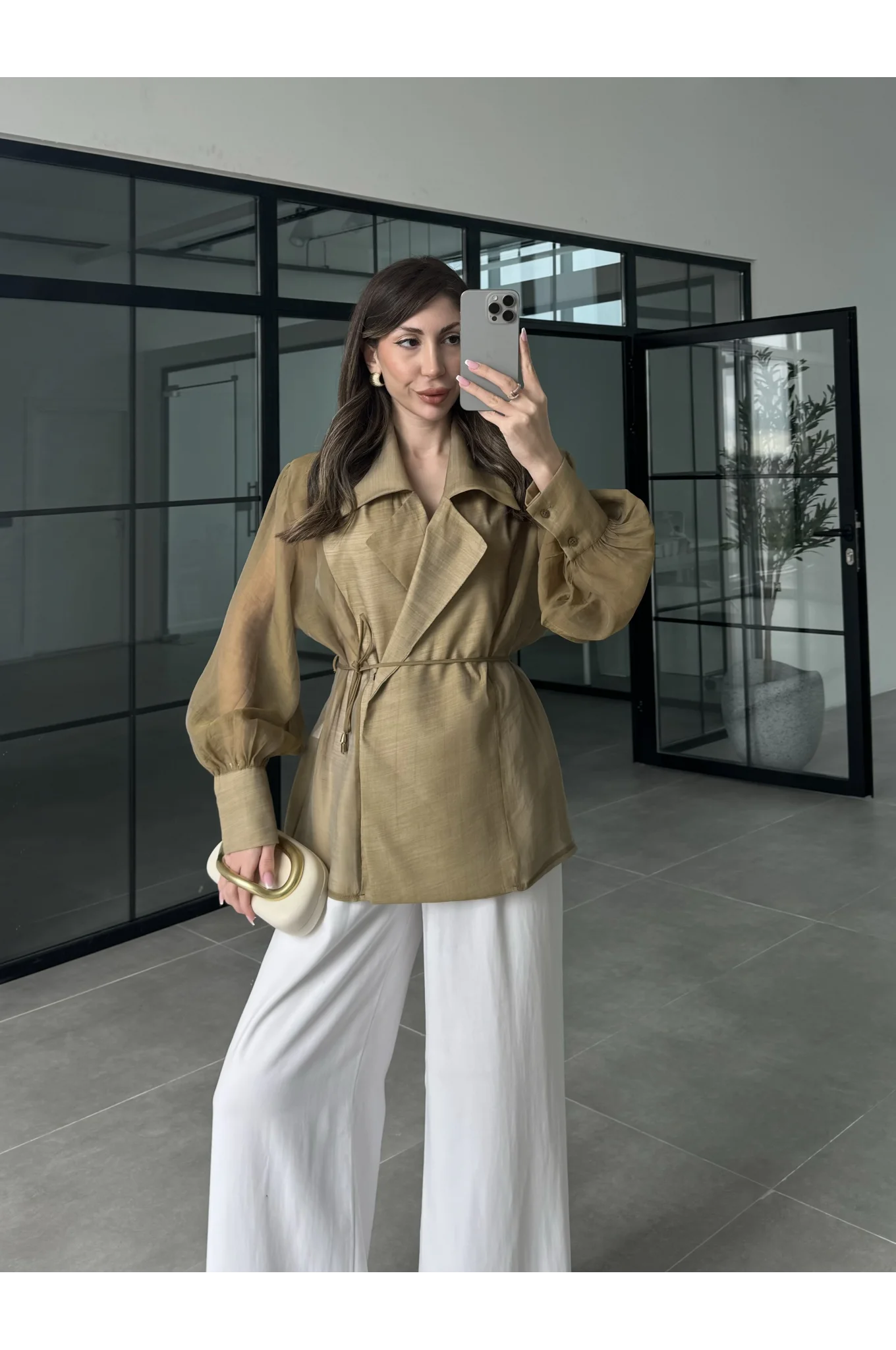Kuşaklı Balonkol Olive Tül Bluz