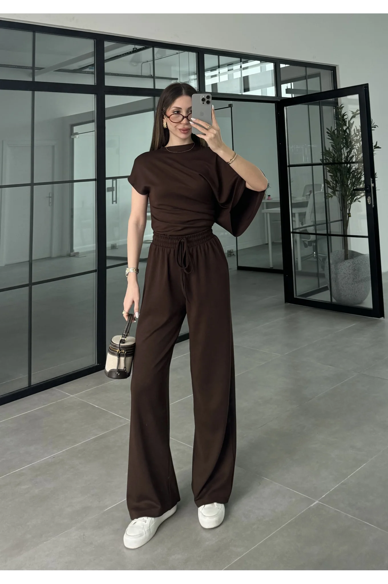 Zr Model Modal Kumaş Tek Kol Yarasa Kahve Büzgülü Takım