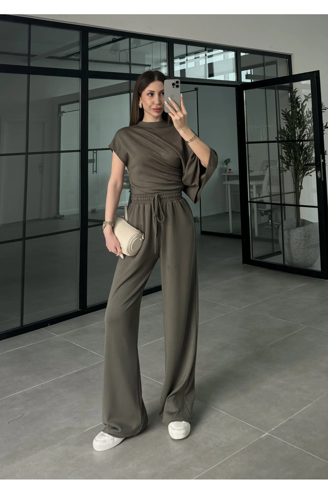 Zr Model Modal Kumaş Tek Kol Yarasa Haki Büzgülü Takım