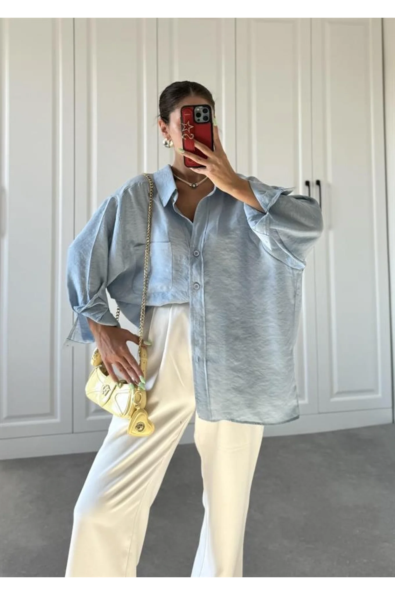 Açık Mavi Oversize Tensel Gömlek