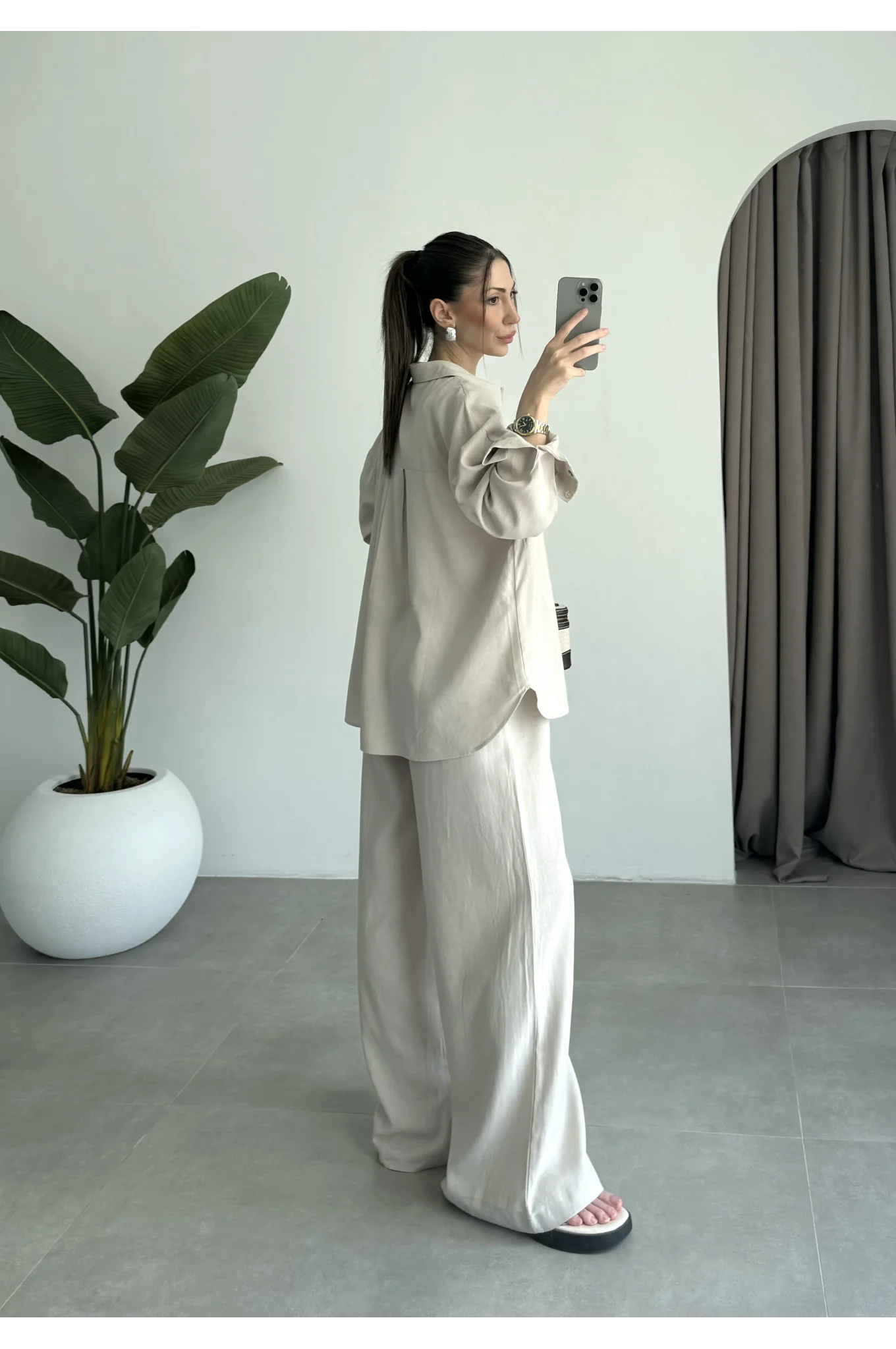 Anna Oversize Keten Bej Palazzo Takım