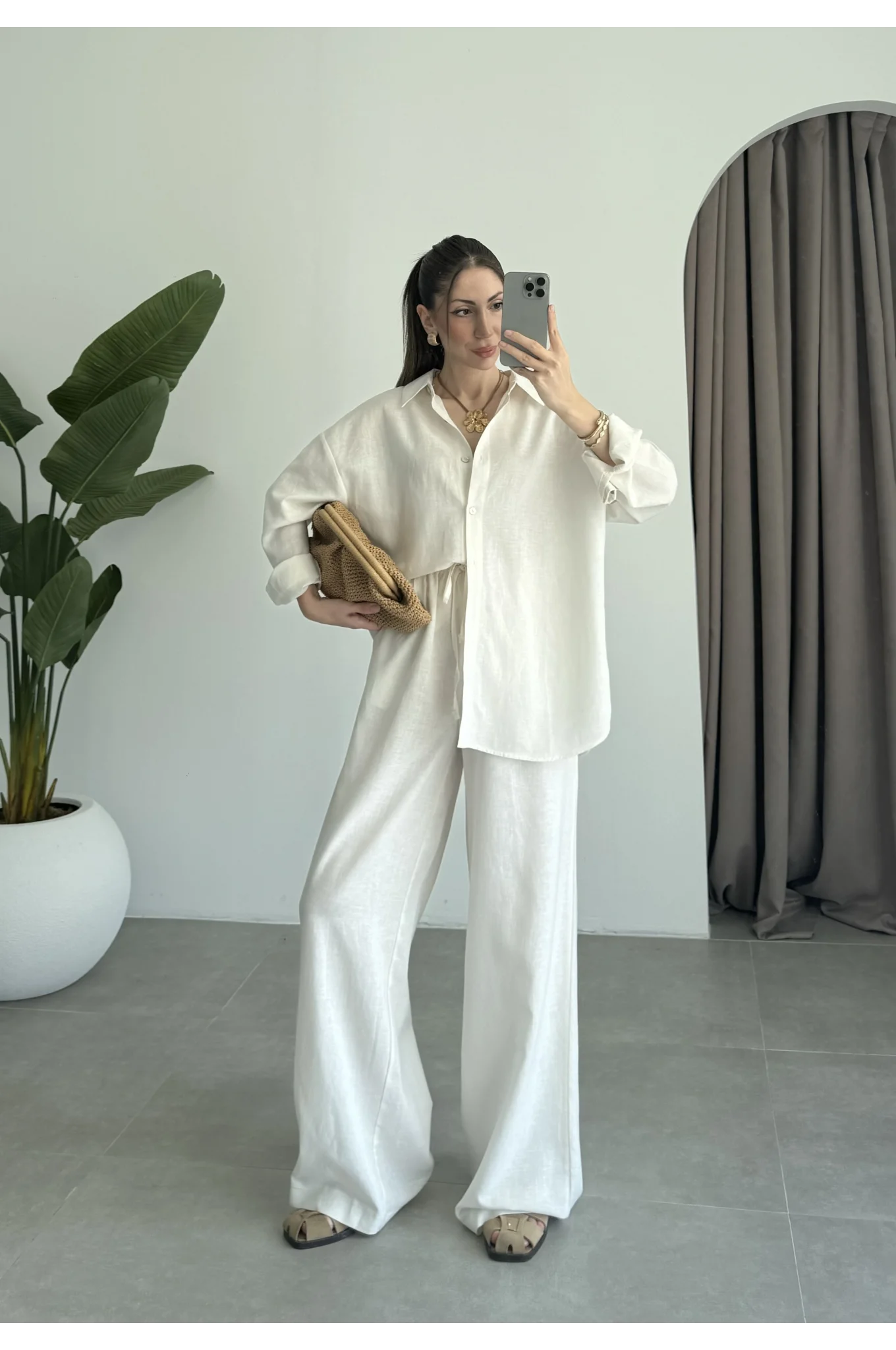 Anna Oversize Keten Ekru Palazzo Takım