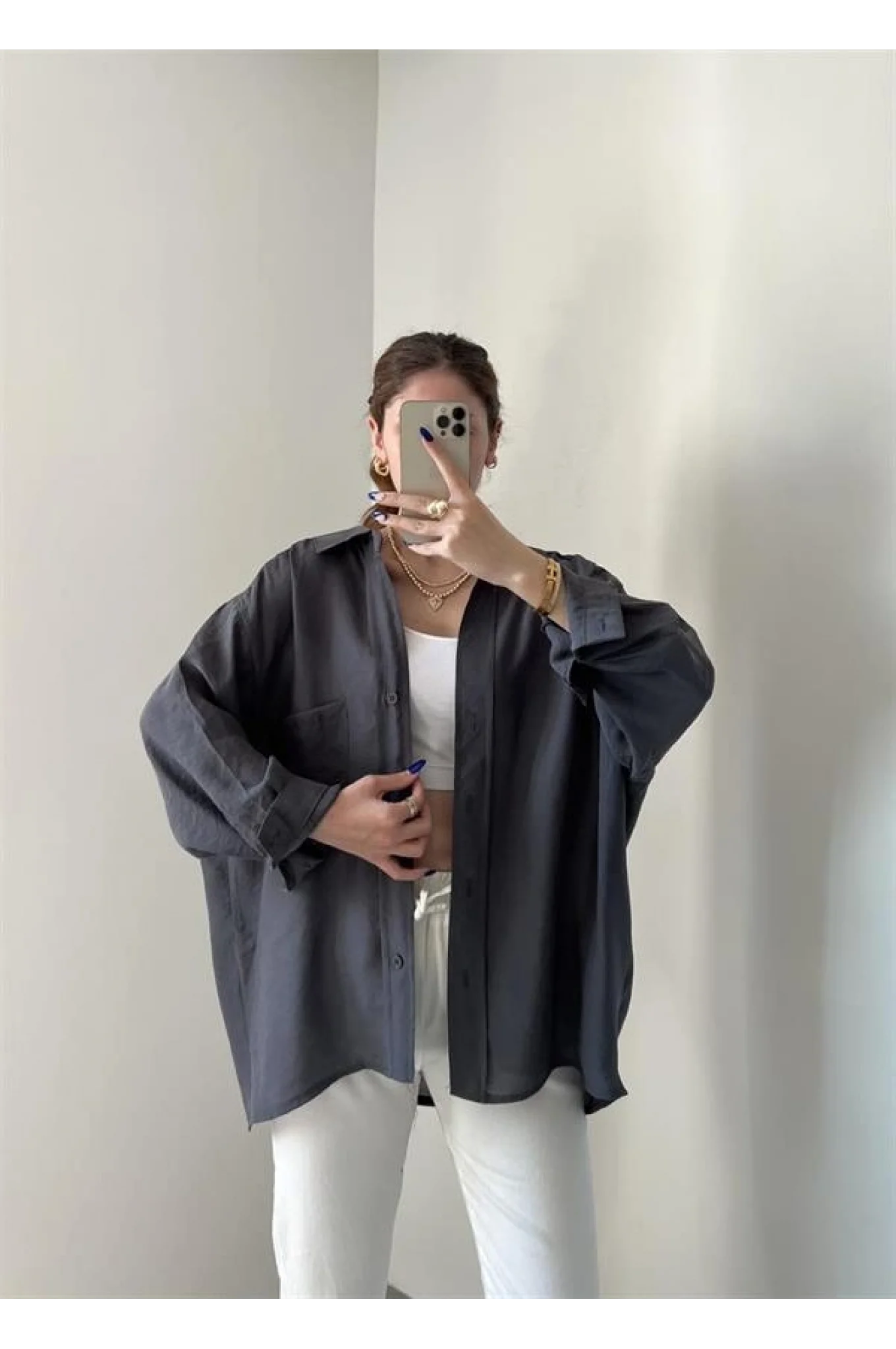 Antrasit Oversize Tensel Gömlek