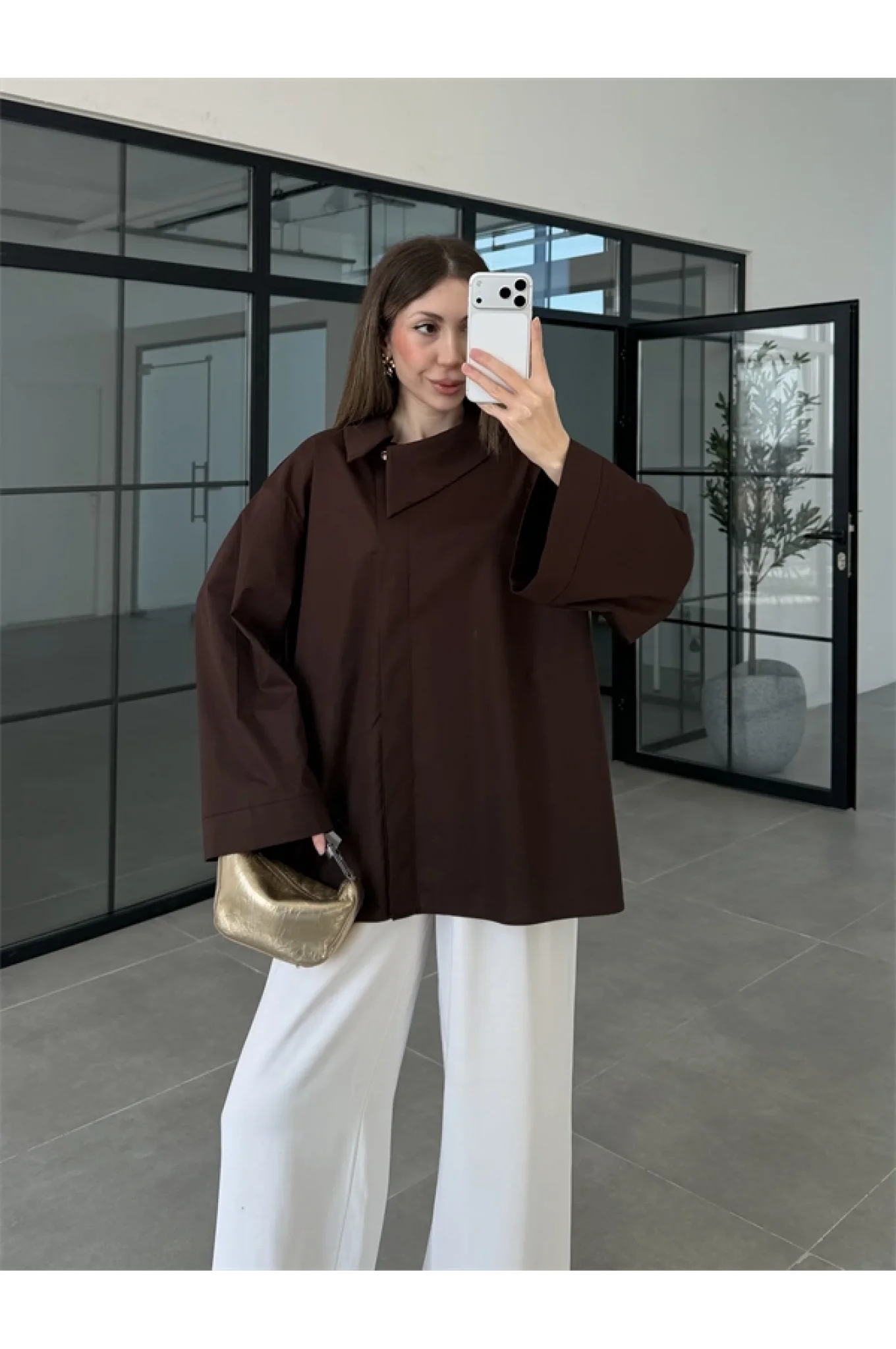 Asimetrik Yaka Oversize Kahve Gömlek
