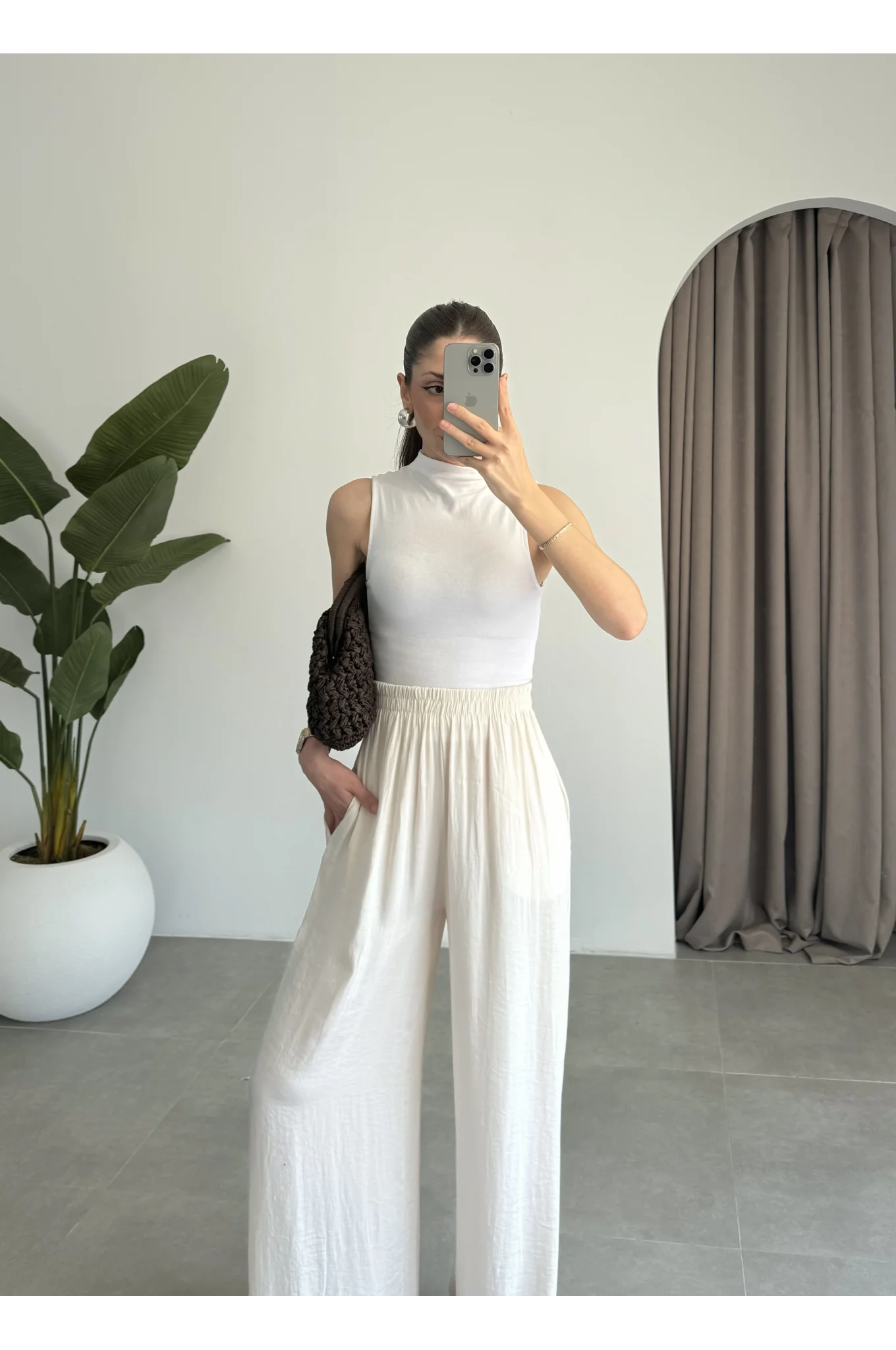 Beli Lastikli Ekru Tiril Pantolon