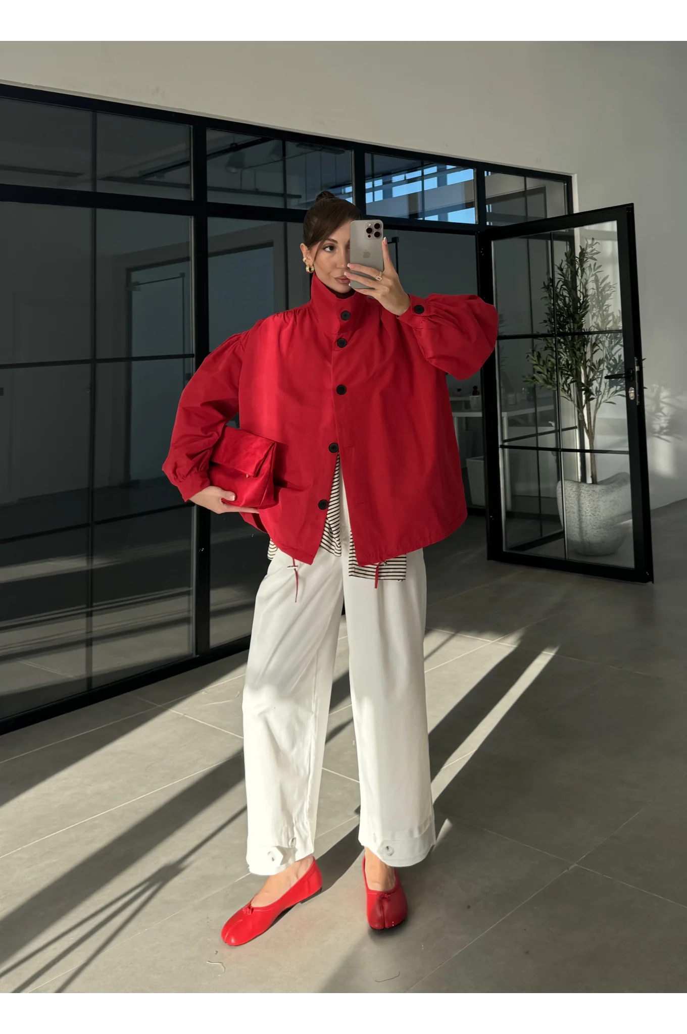 Büzgü Detaylı Kırmızı Oversize Bamber Ceket