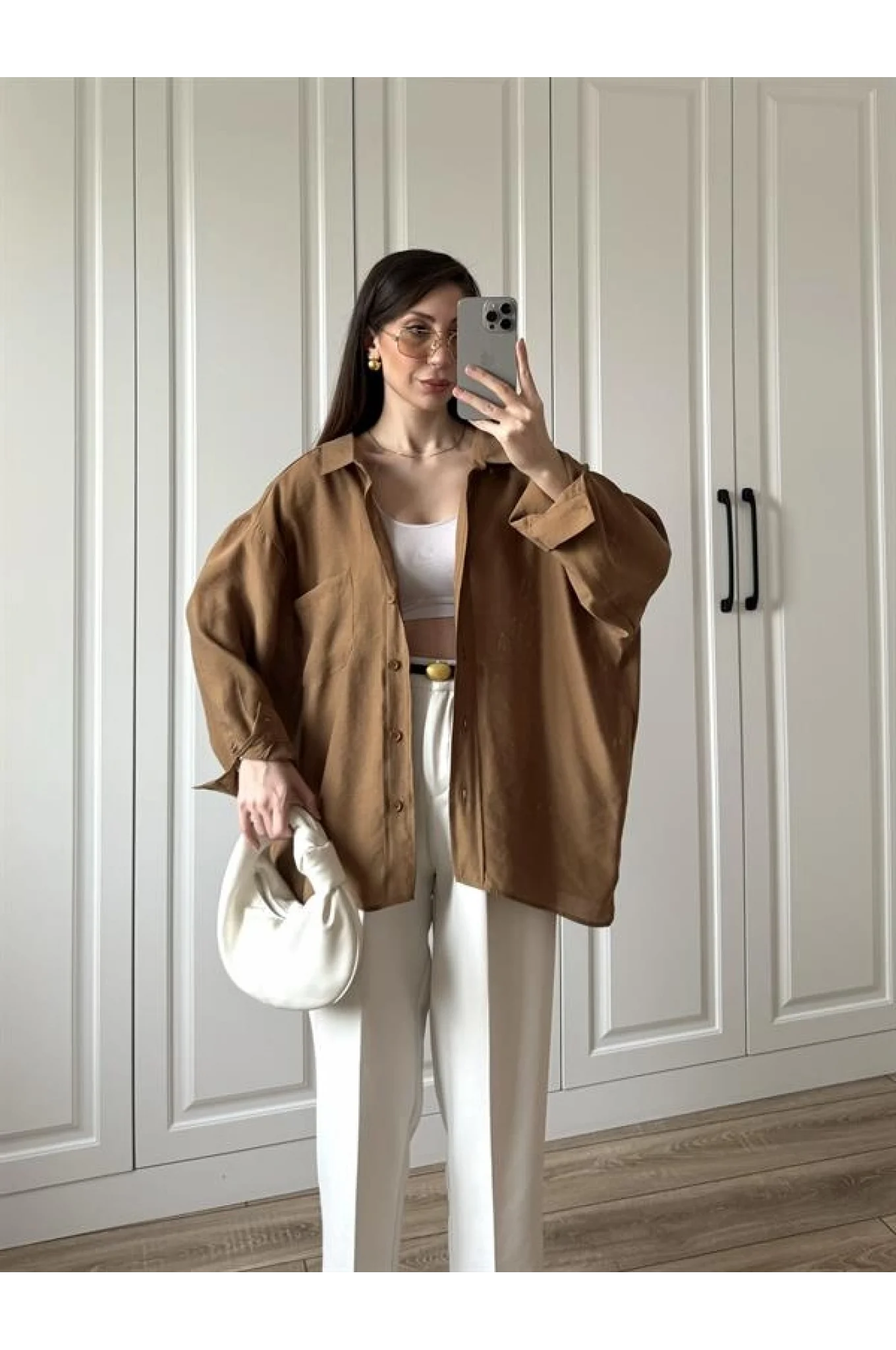 Camel Oversize Tensel Gömlek