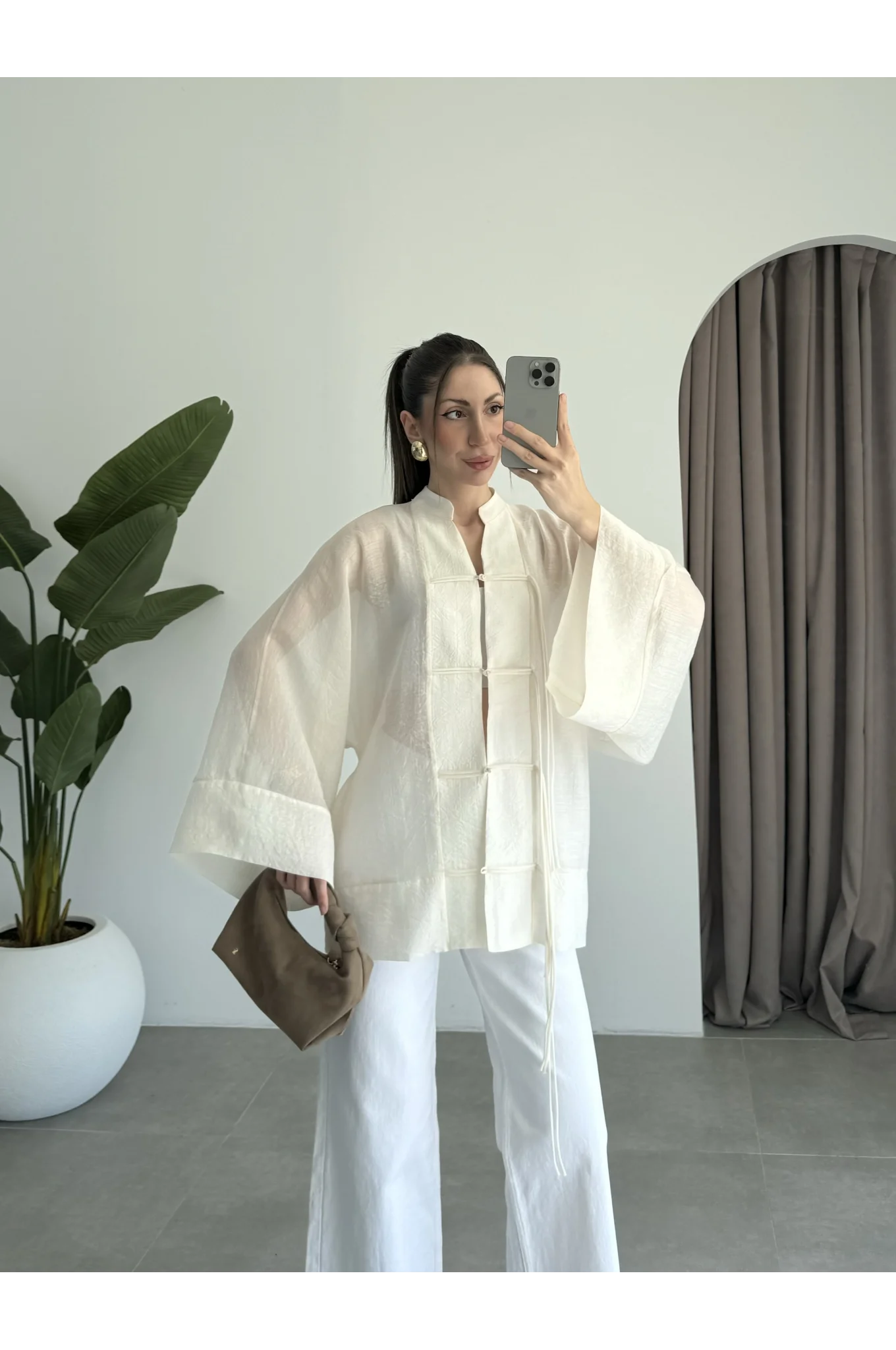 Çin Düğmeli Ekru Gömlek Kimono