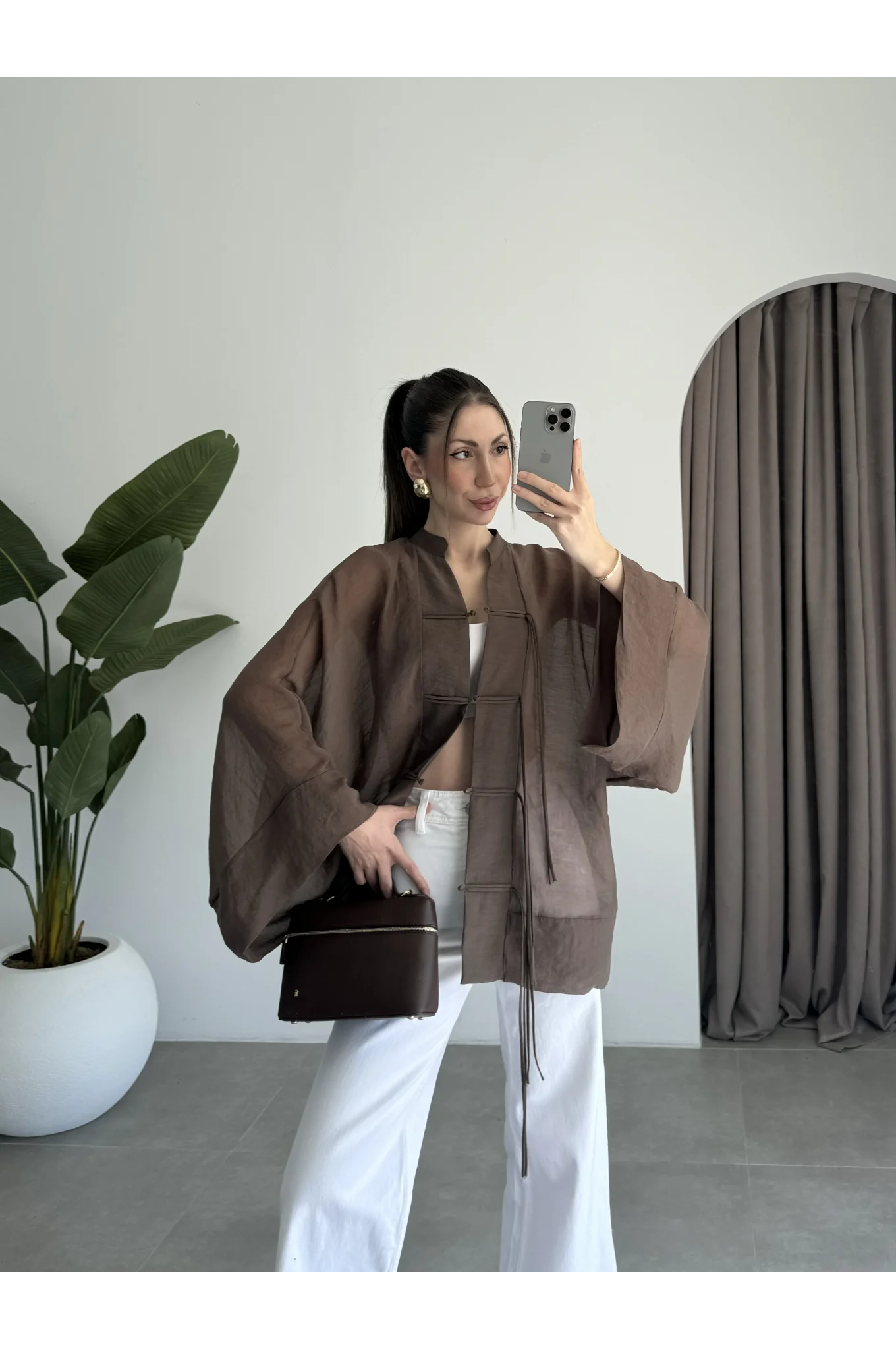 Çin Düğmeli Kahve Gömlek Kimono
