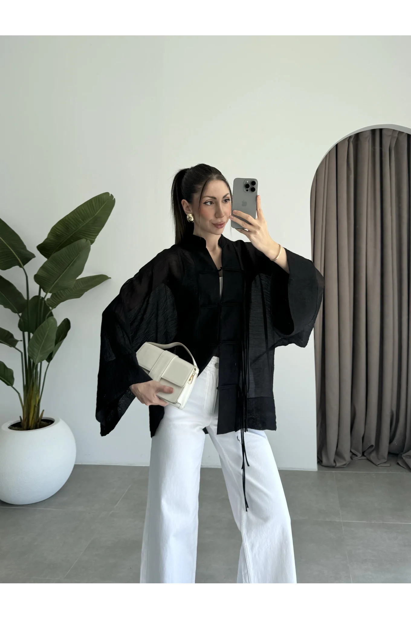 Çin Düğmeli Siyah Gömlek Kimono