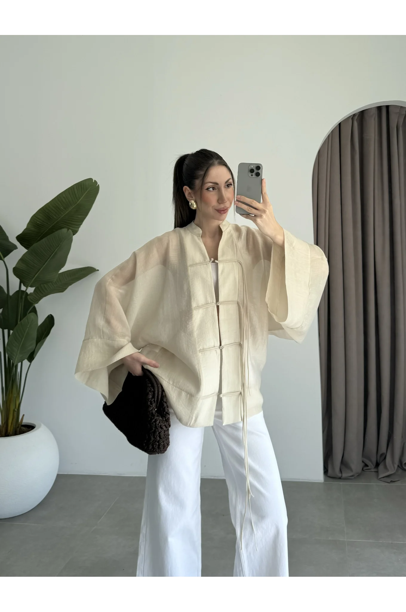 Çin Düğmeli Taş Gömlek Kimono