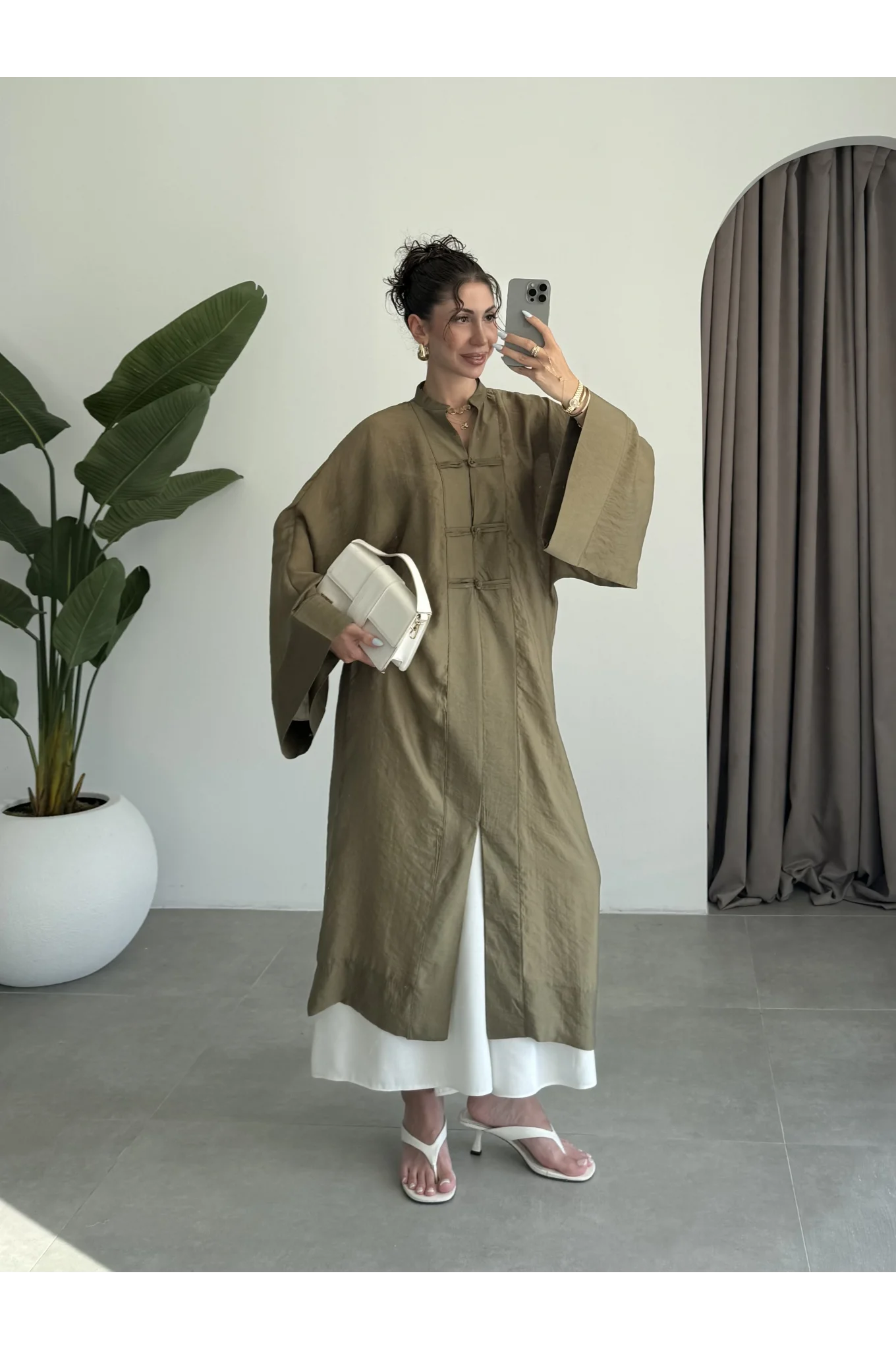 Çin Düğmeli Tensel Maxi Boy Haki Kimono