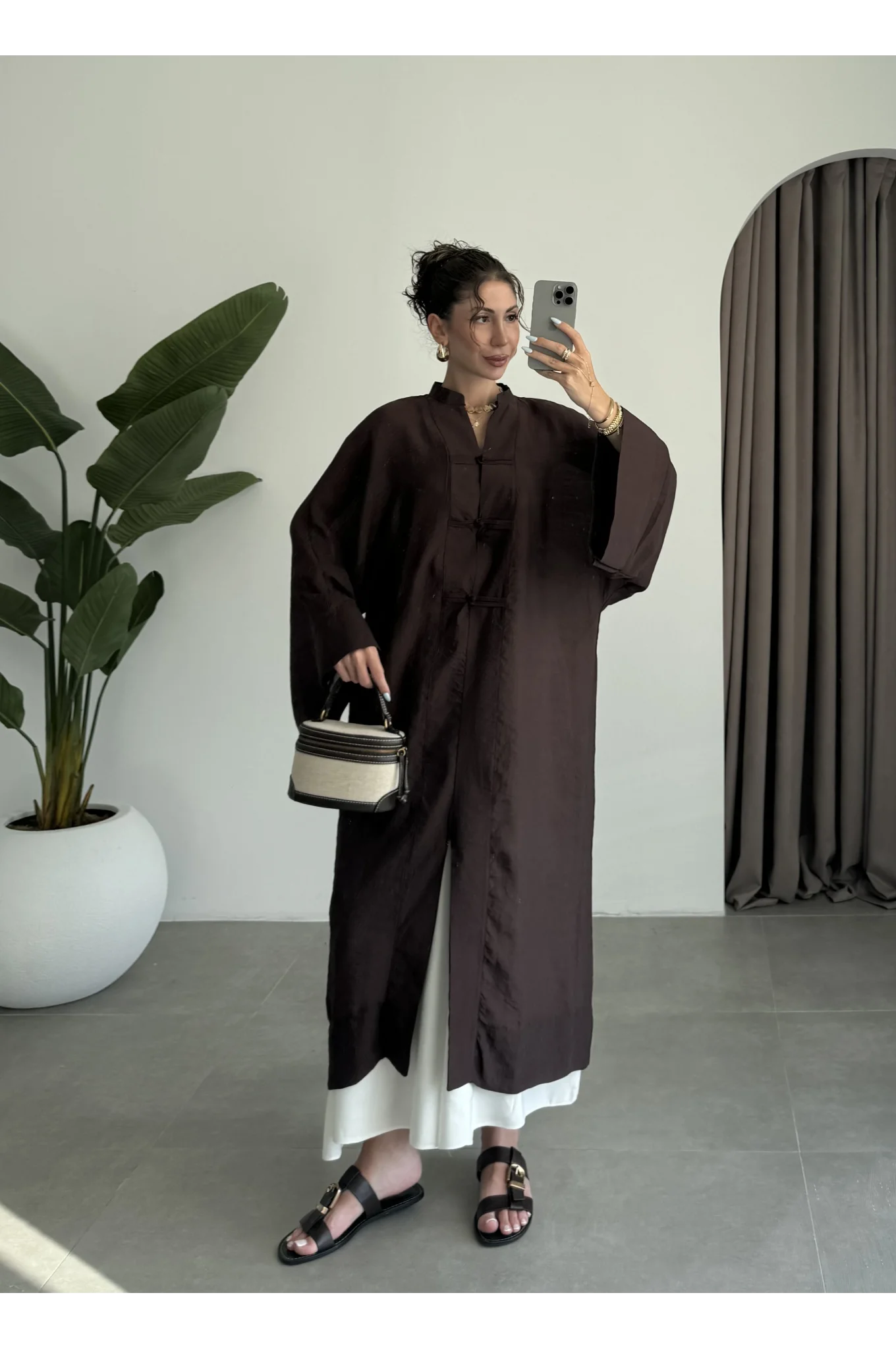 Çin Düğmeli Tensel Maxi Boy Kahve Kimono